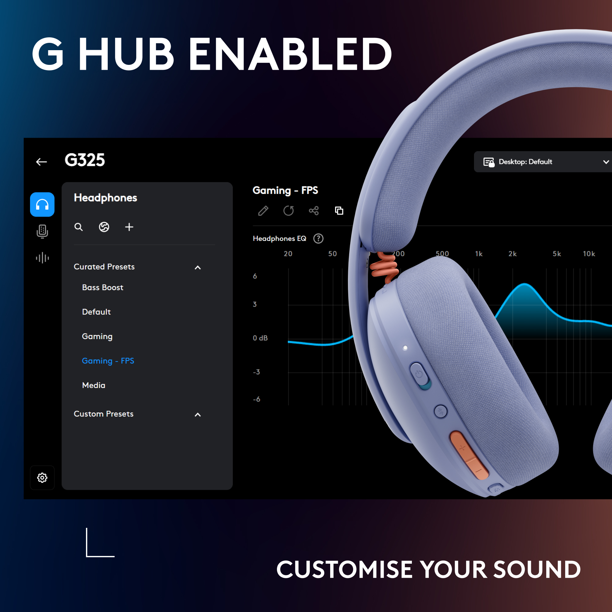 Cuffie blu con display software EQ e controllo del volume.