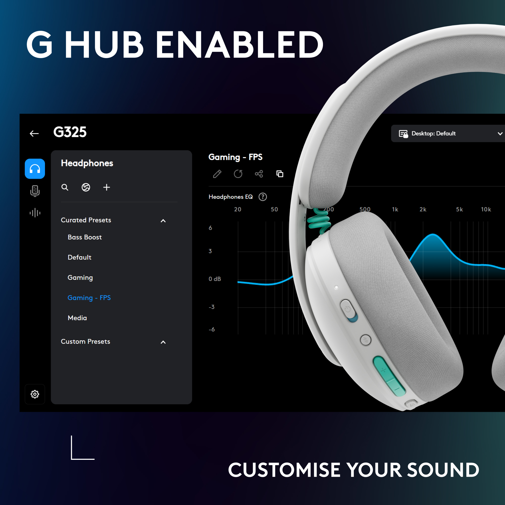 Cuffie bianche mostrate con software Logitech G HUB ed equalizzatore.