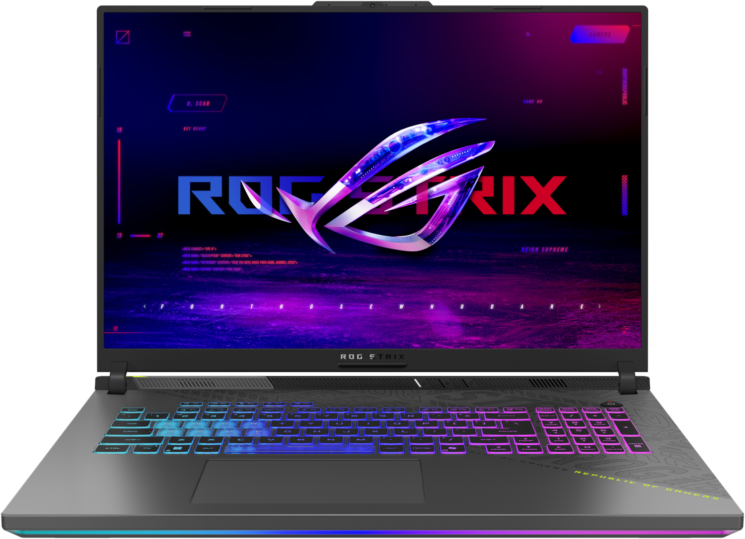 Een open ROG Strix laptop met verlicht toetsenbord en ROG-logo op het scherm.