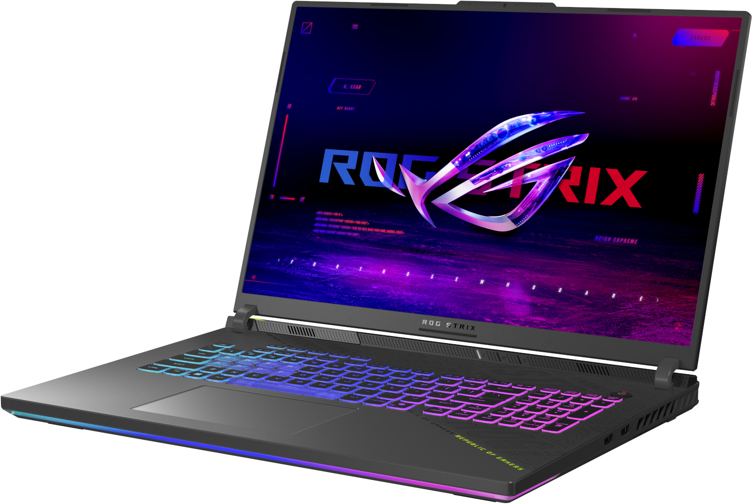 Een ROG Strix laptop met verlicht toetsenbord en ROG-logo op het scherm.