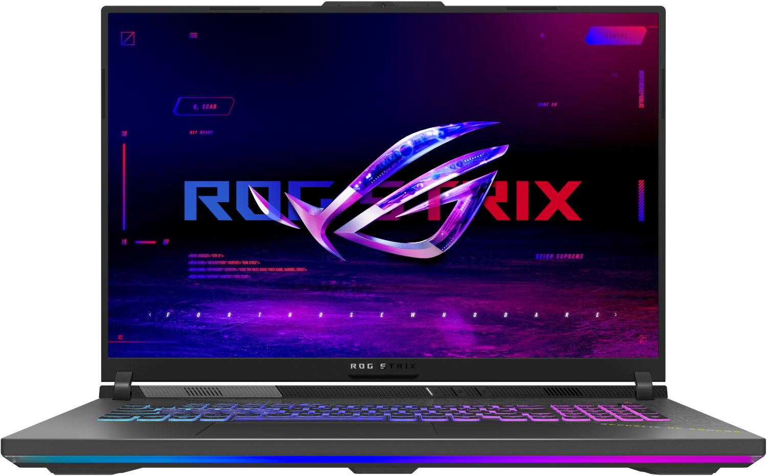 Een ROG Strix laptop met verlicht toetsenbord en het ROG-logo op het scherm.