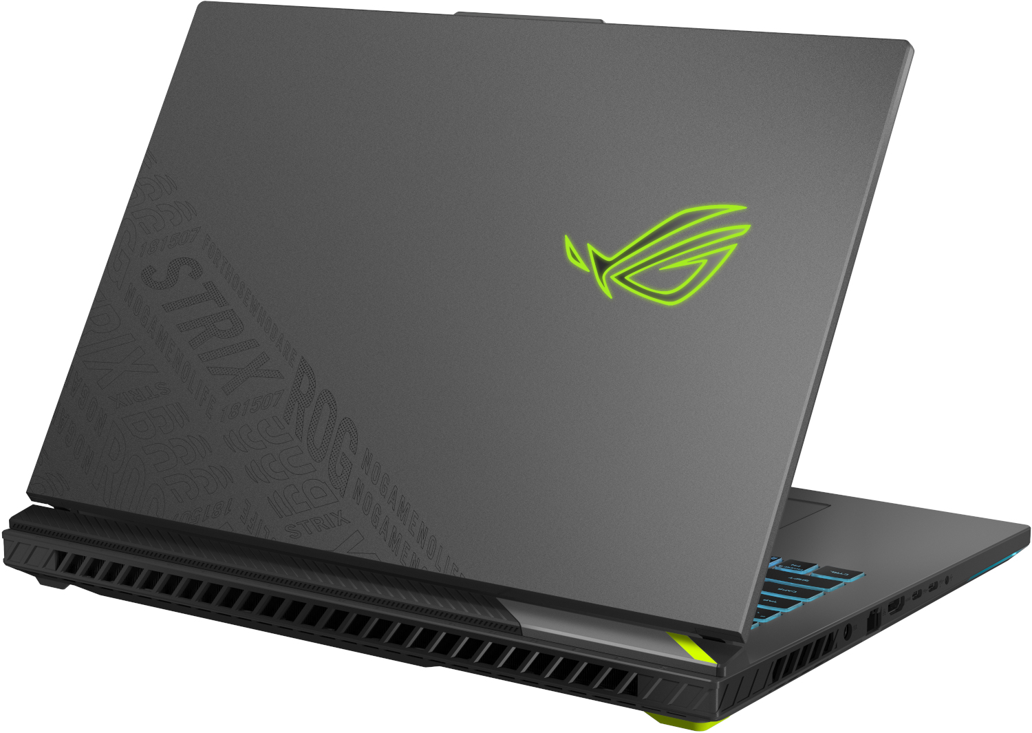 Grijze laptop met neon-groen logo. Toetsenbord is verlicht.