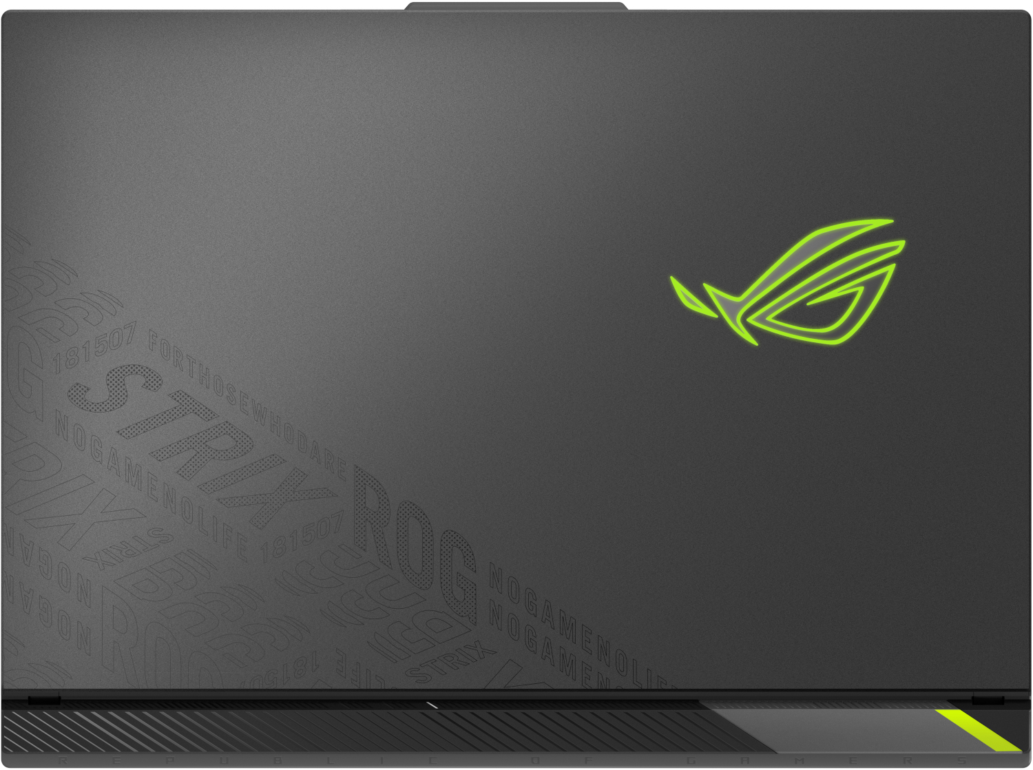 Grijs laptopdeksel met neon-groen ROG-logo en gegraveerd Strix-patroon.