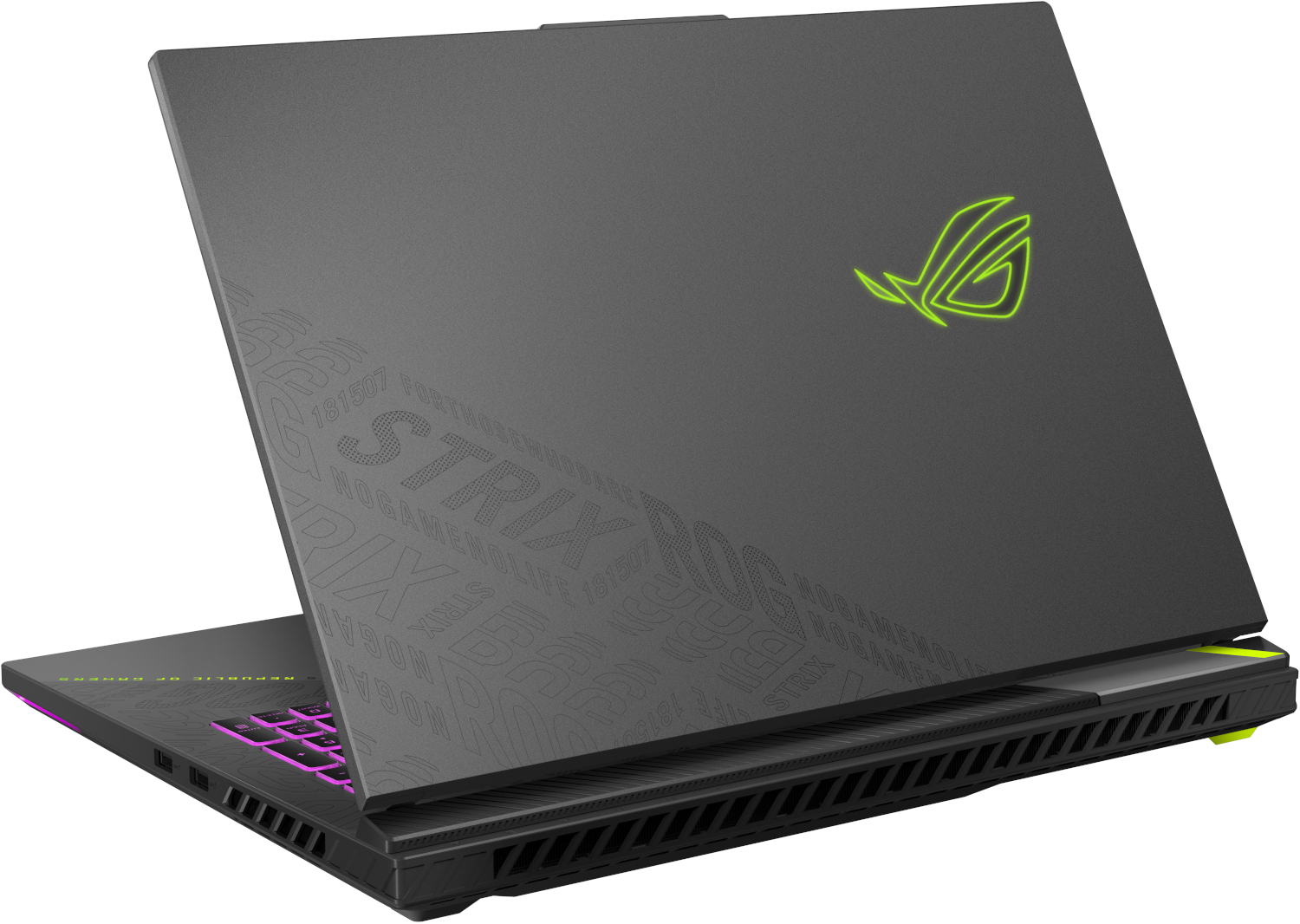 Een grijze laptop met neon groen logo en toetsenbord. Gedeeltelijk open.