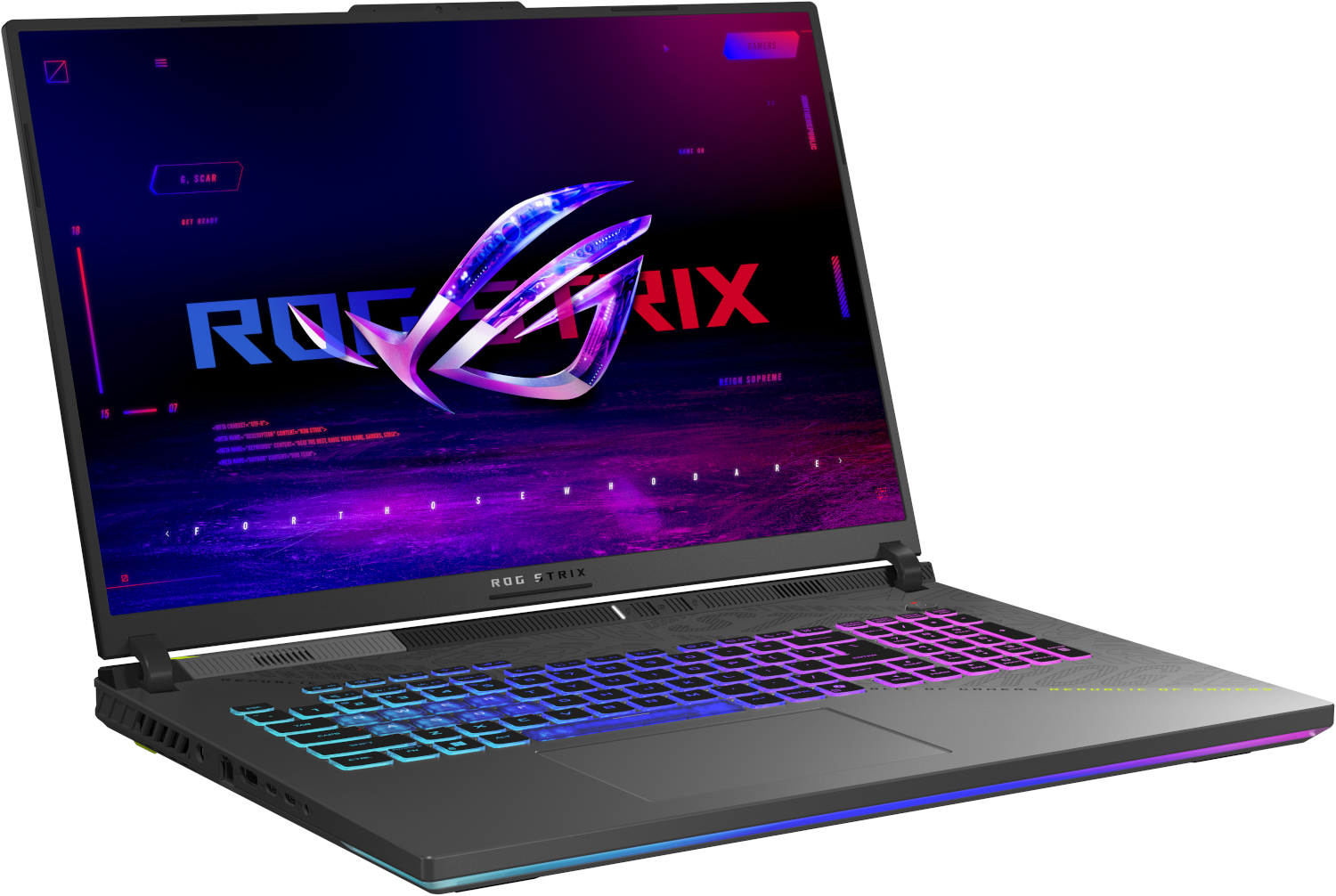 Een open gaminglaptop met verlicht toetsenbord en ROG-logo op het scherm.