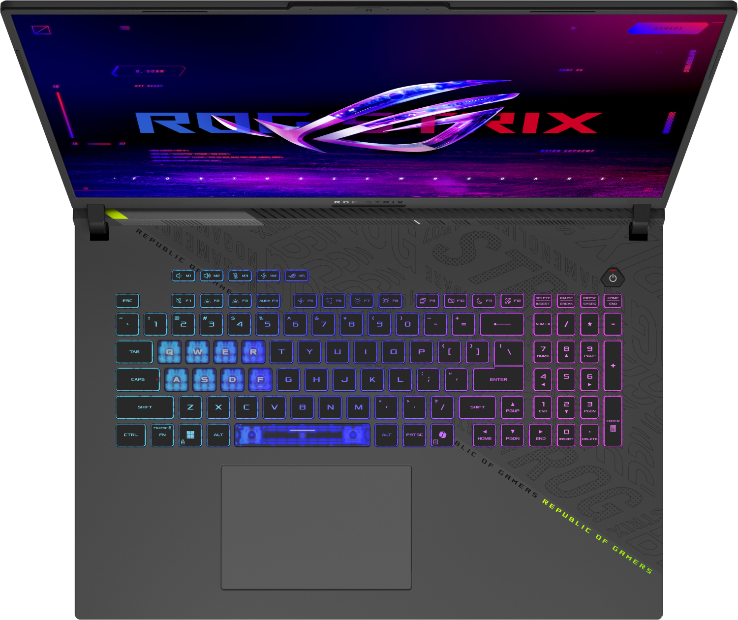 Een open zwarte laptop met verlicht toetsenbord en ROG-logo op het scherm.