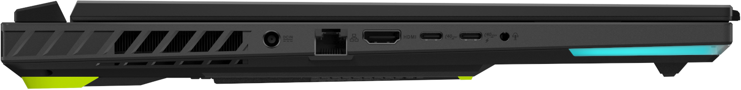 Zijde van zwarte laptop met poorten: DCIN, RJ45, HDMI, 2x USB-C, audio.