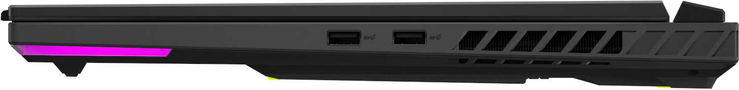 Zwarte laptop met paarse accenten, USB-poorten en ventilatieroosters.