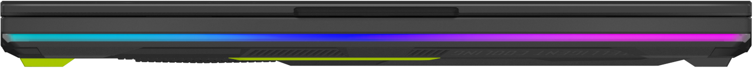 Zwarte laptop met gloeiende strip in blauw, paars en groen.