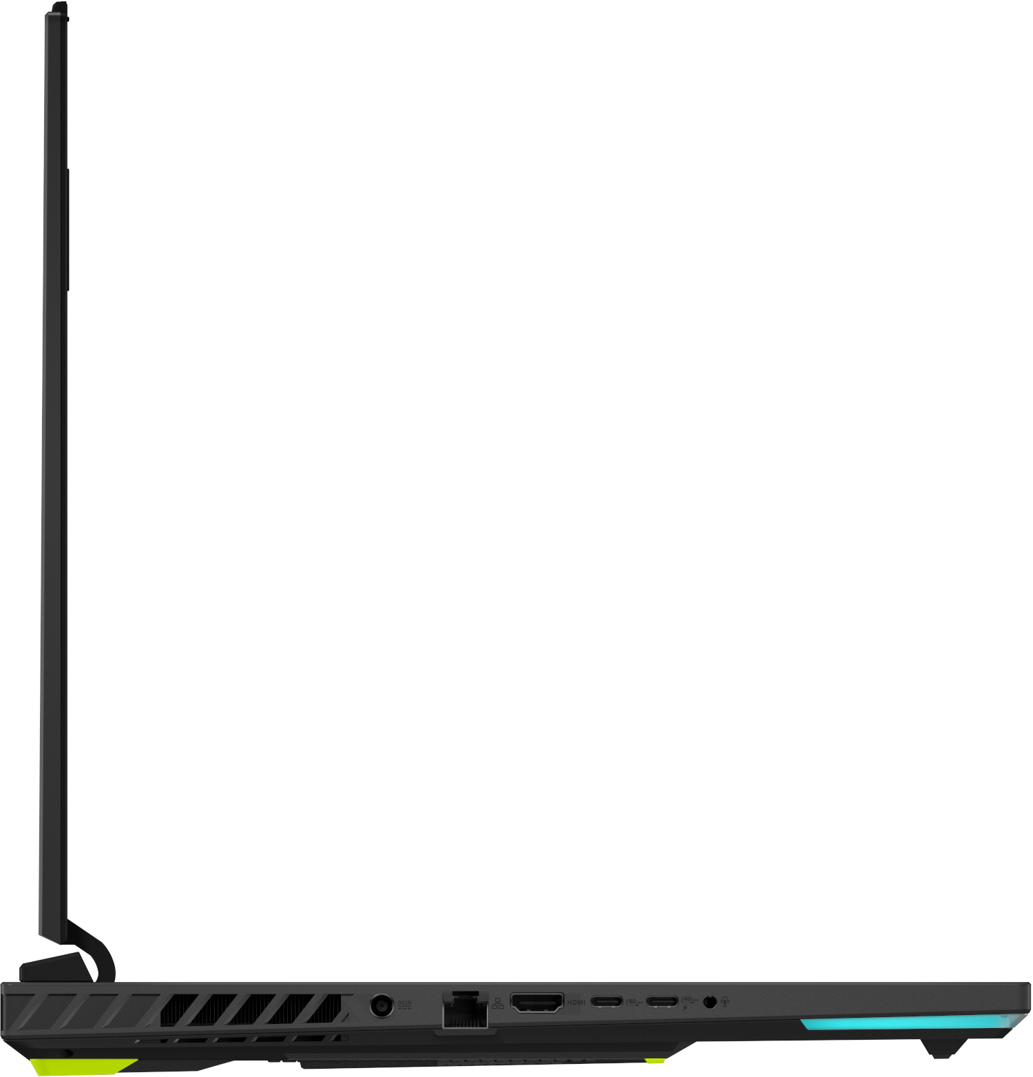 Zwart-grijs laptop profiel met poorten en een blauwe lichtstrip.