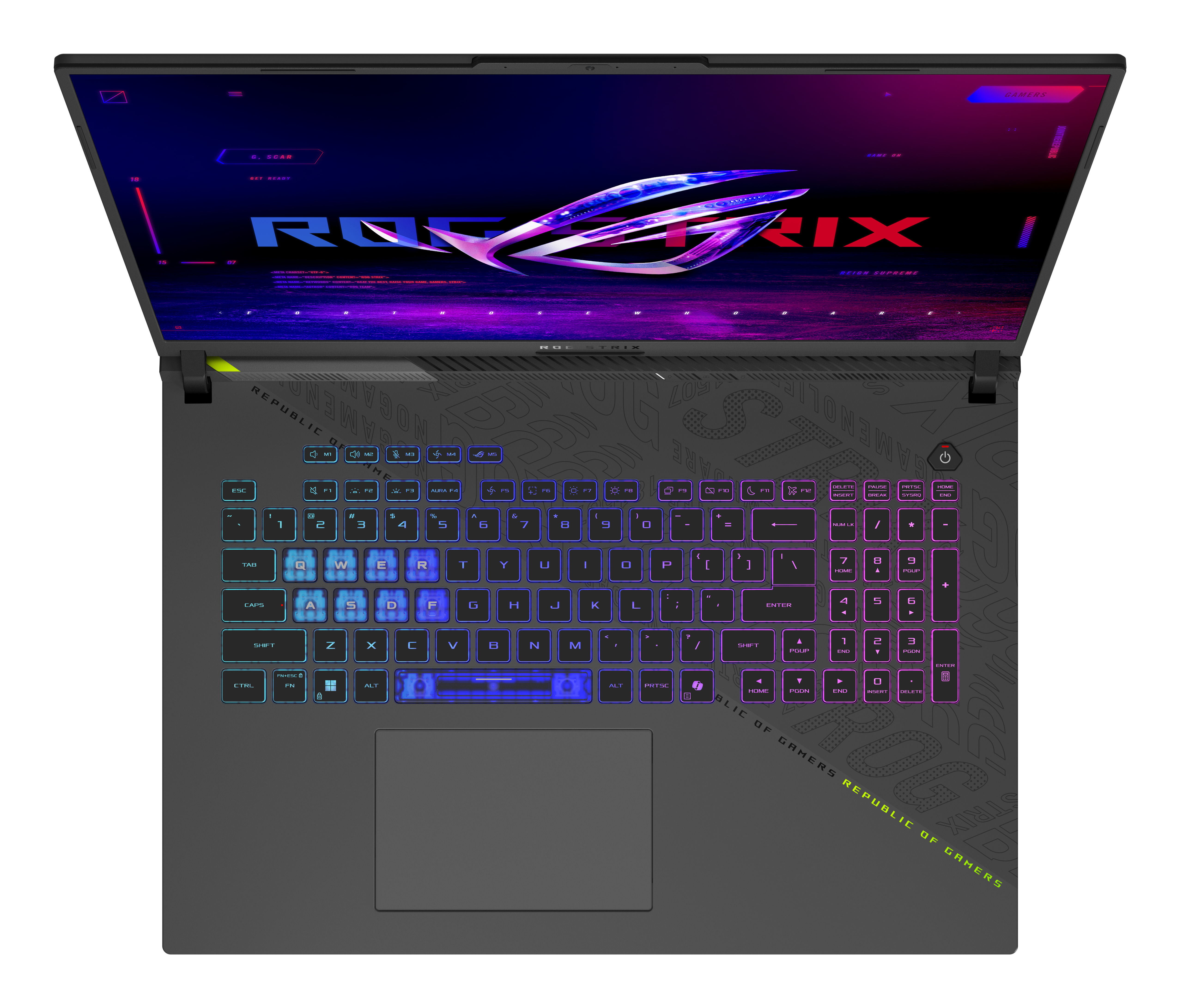 Een open zwarte laptop met verlicht toetsenbord en ROG Strix logo.