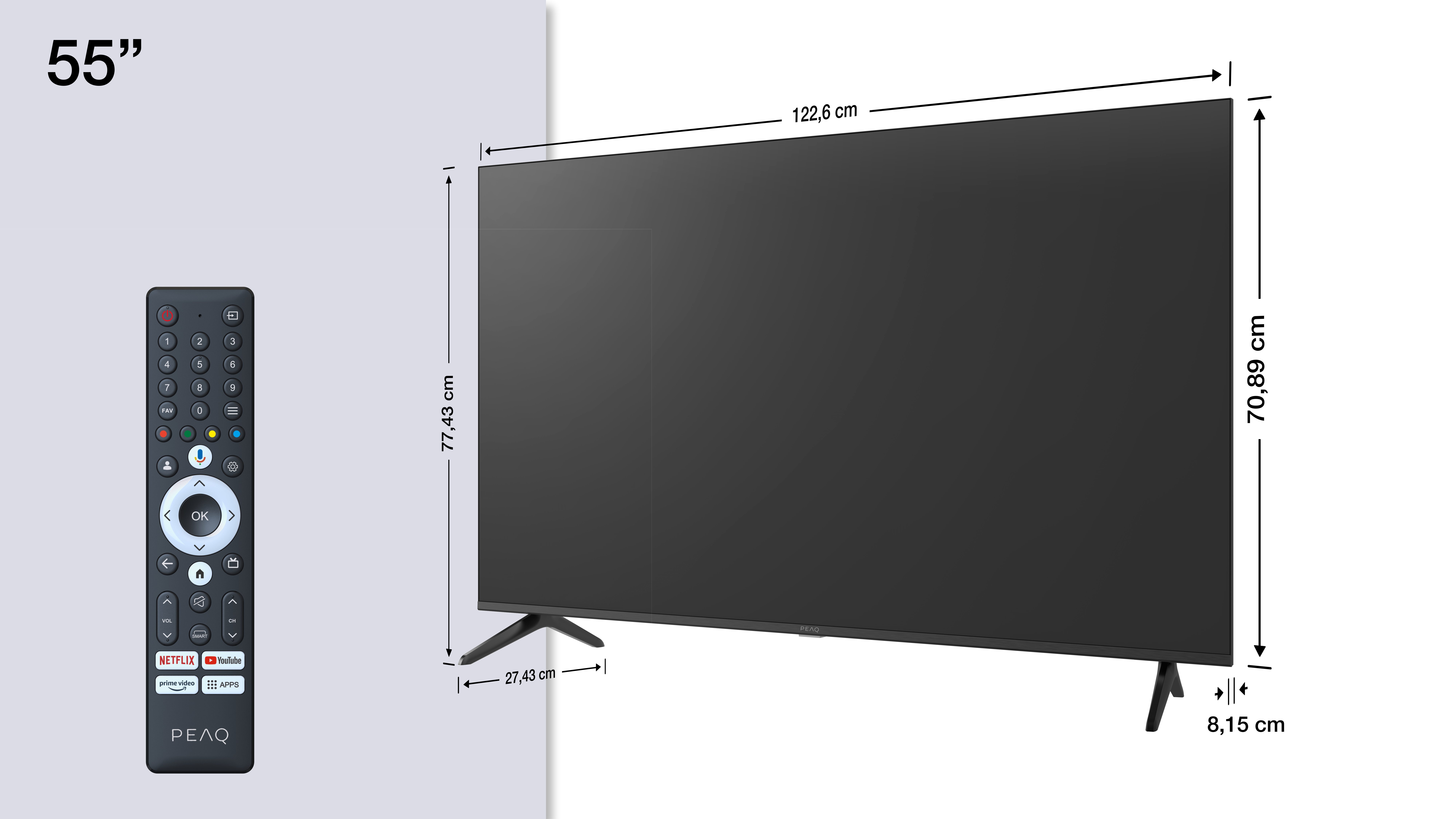 Ein 55-Zoll-Fernseher mit Fernbedienung und Maßen.