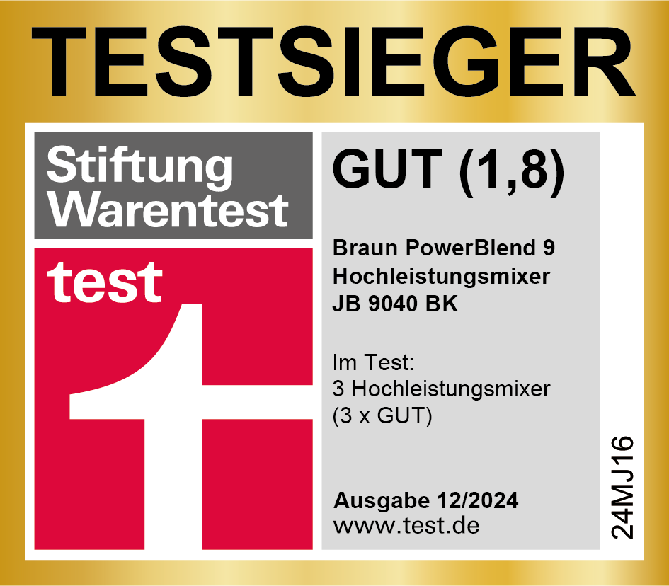 TESTSIEGER Siegel: Stiftung Warentest, GUT (1,8) für Braun PowerBlend 9 Mixer.