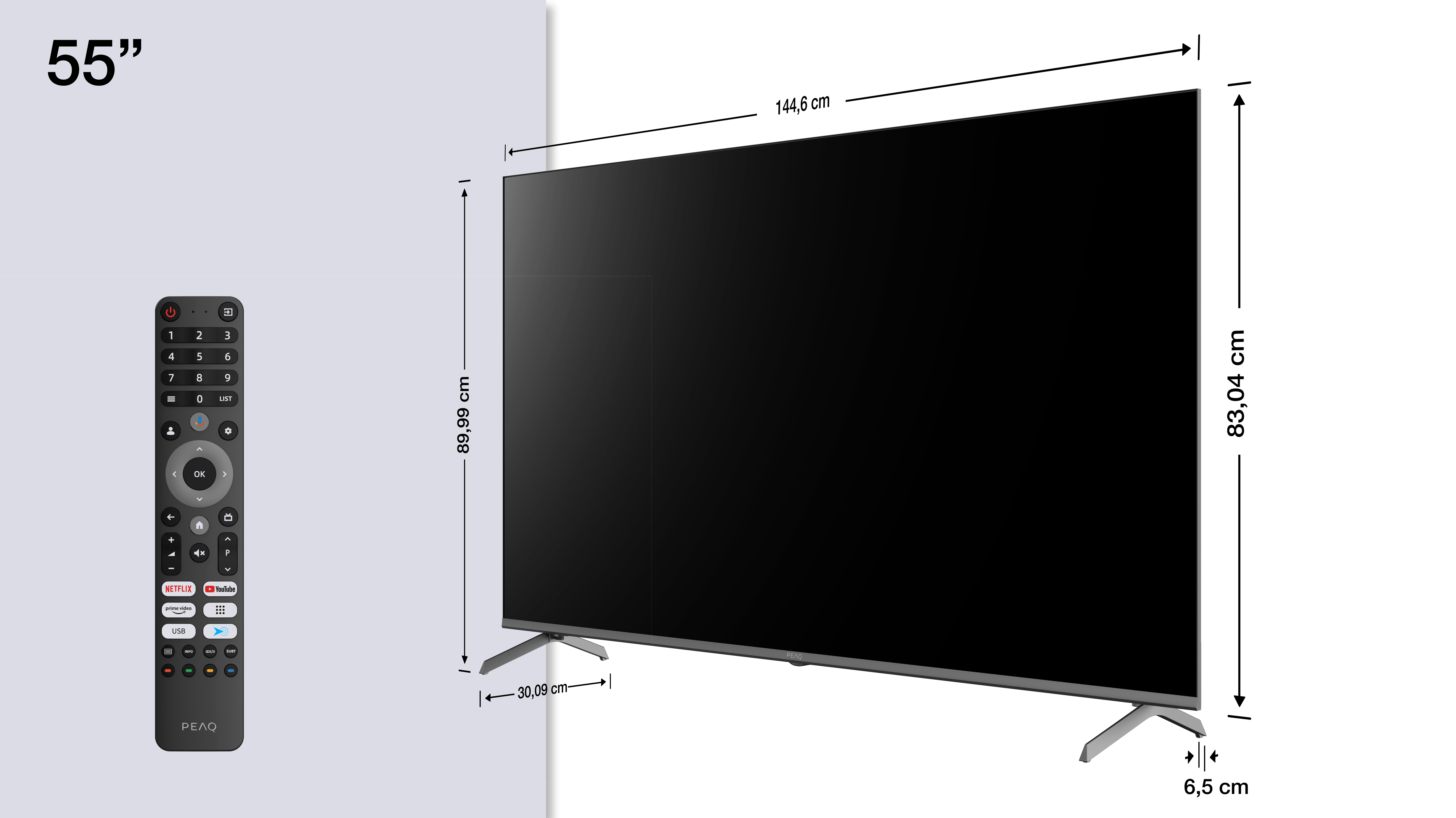 55-Zoll-Fernseher mit Fernbedienung und Maßen