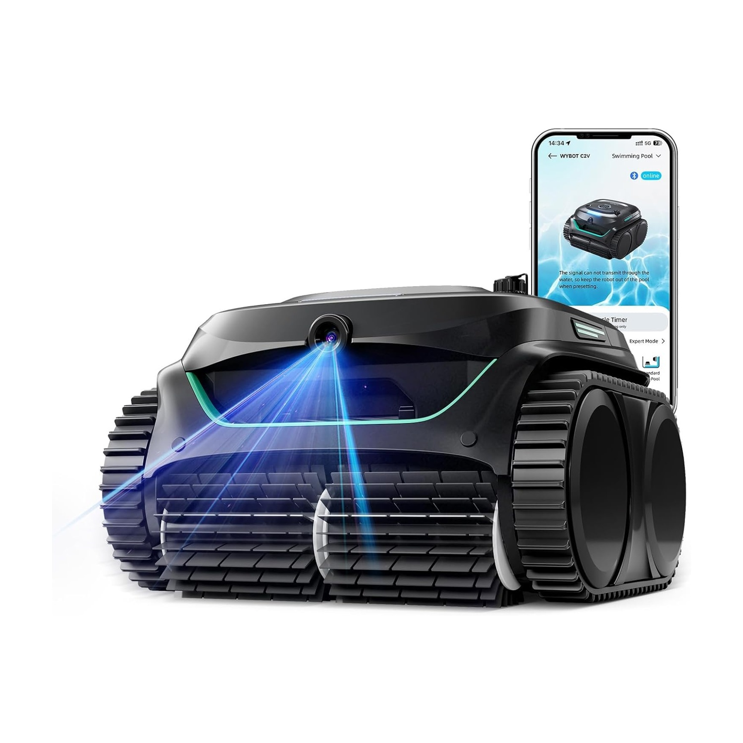 Un robot da piscina nero con ruote e uno smartphone che mostra un'app.