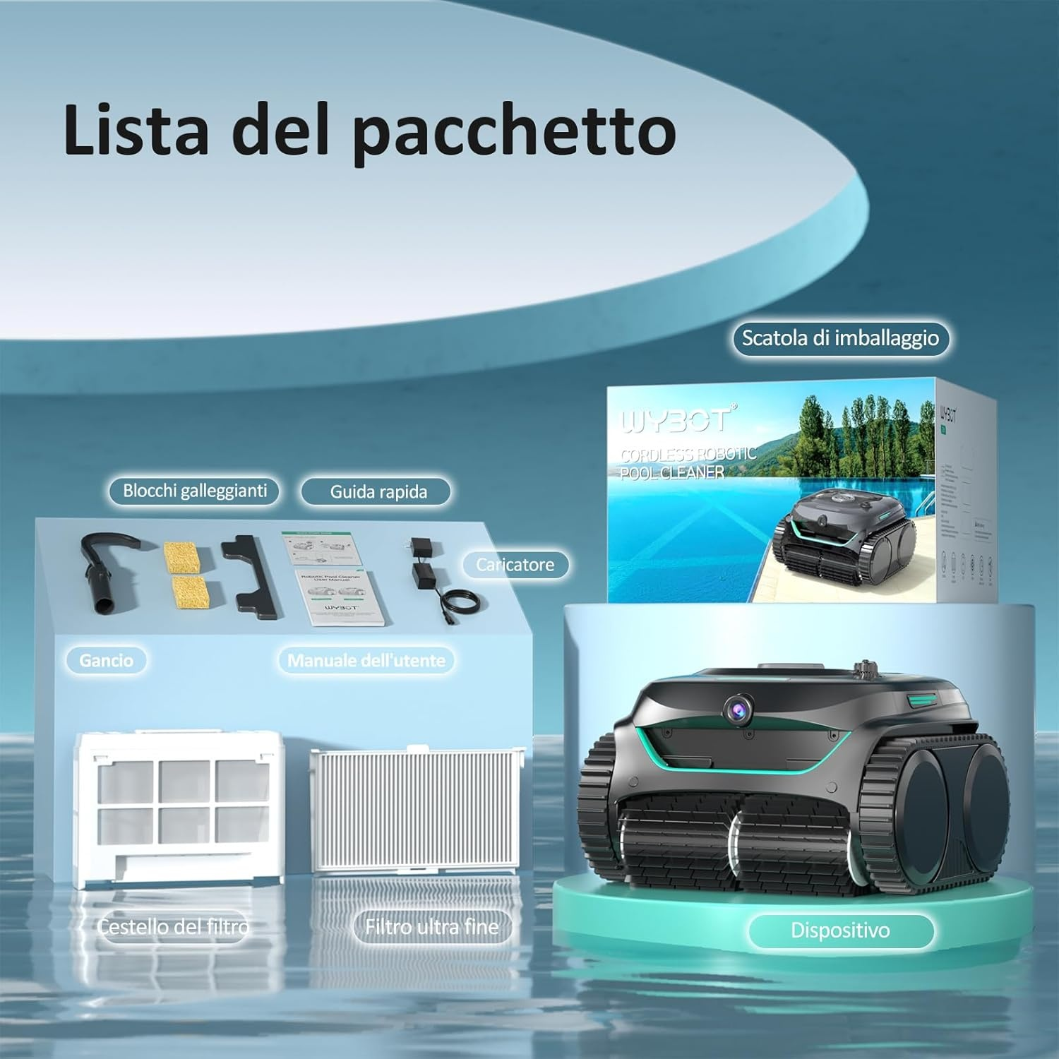 Lista del pacchetto: pulitore piscina, accessori, manuale, caricatore, filtri.