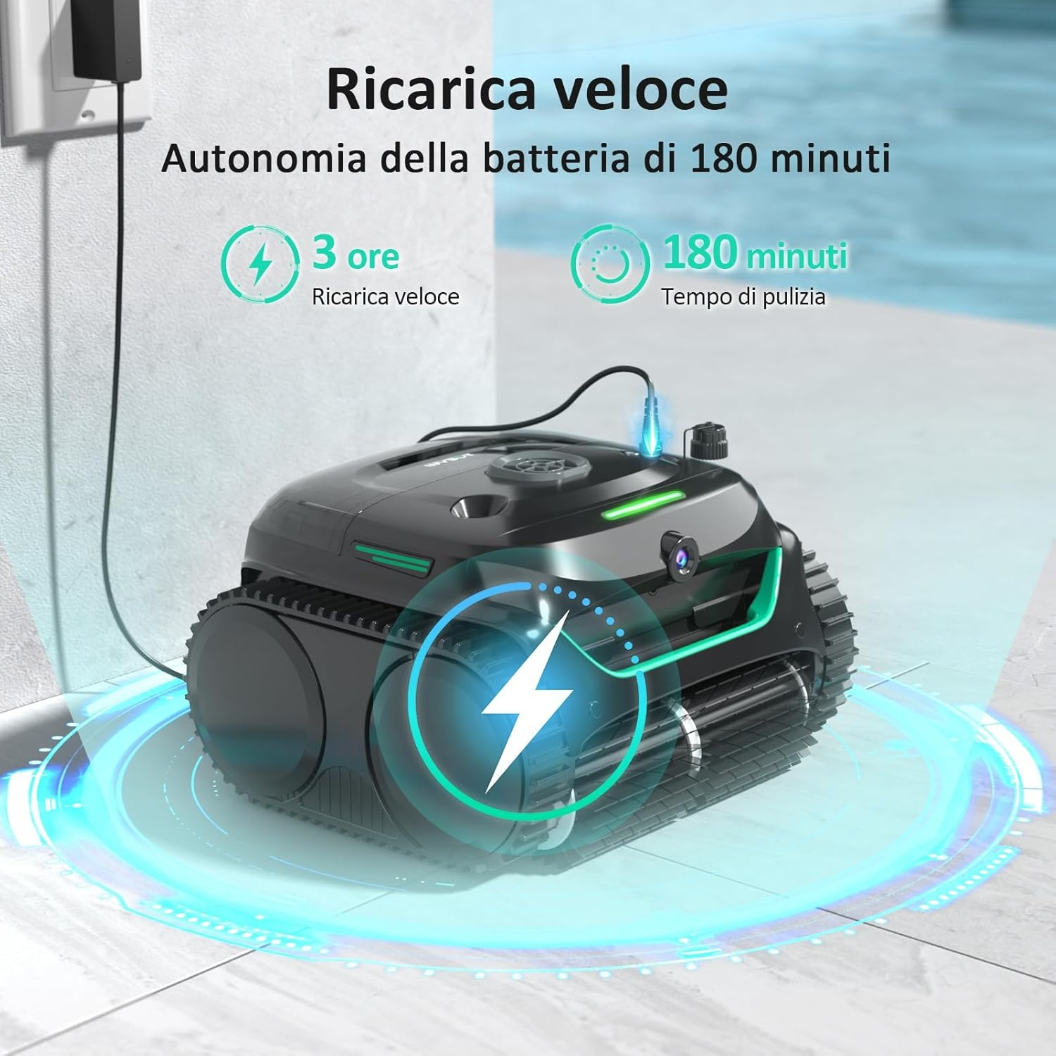 Un robot aspirapolvere nero in carica a una presa. 3 ore di carica, 180 minuti di autonomia.