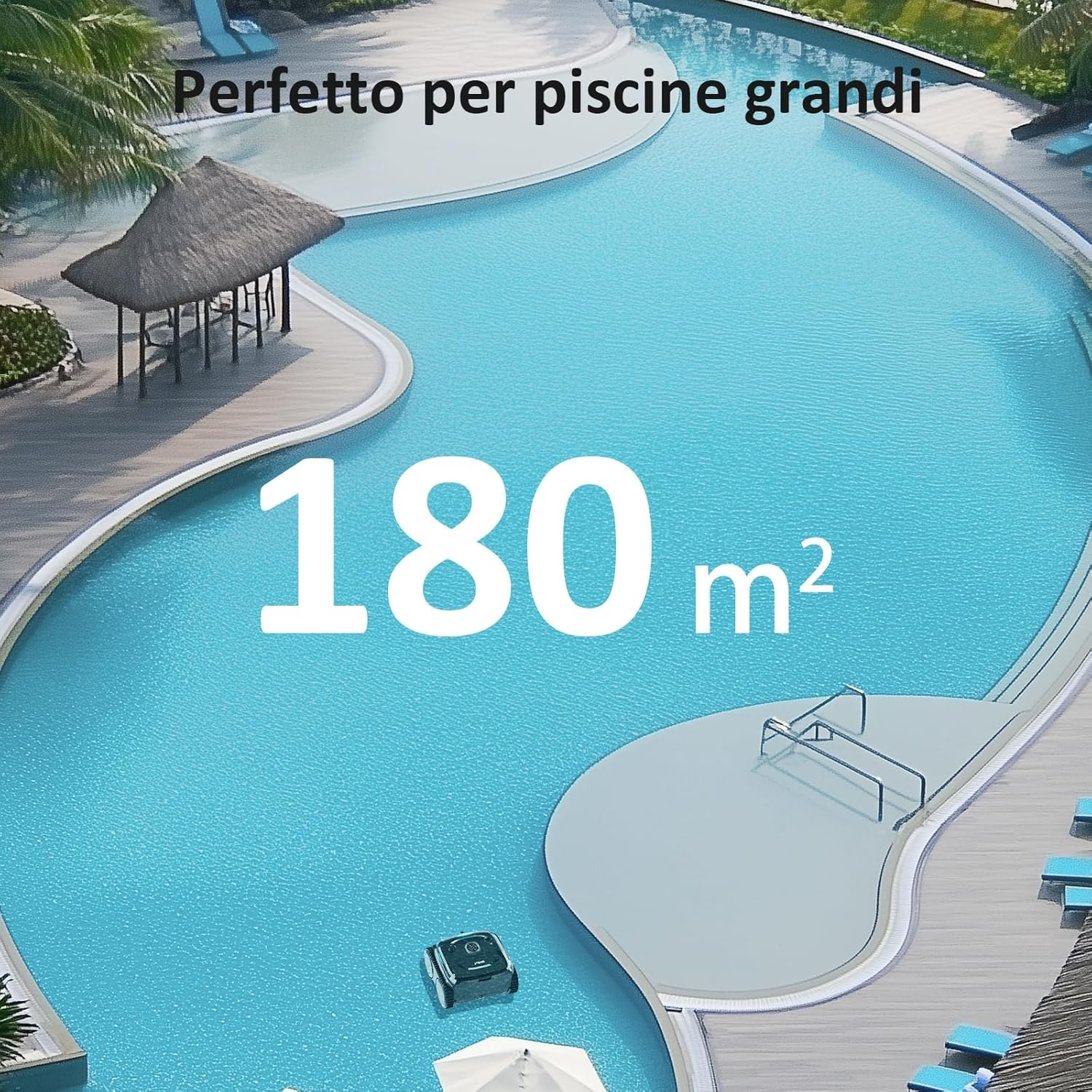 Un pulitore per piscine opera in una grande piscina turchese di 180 m².