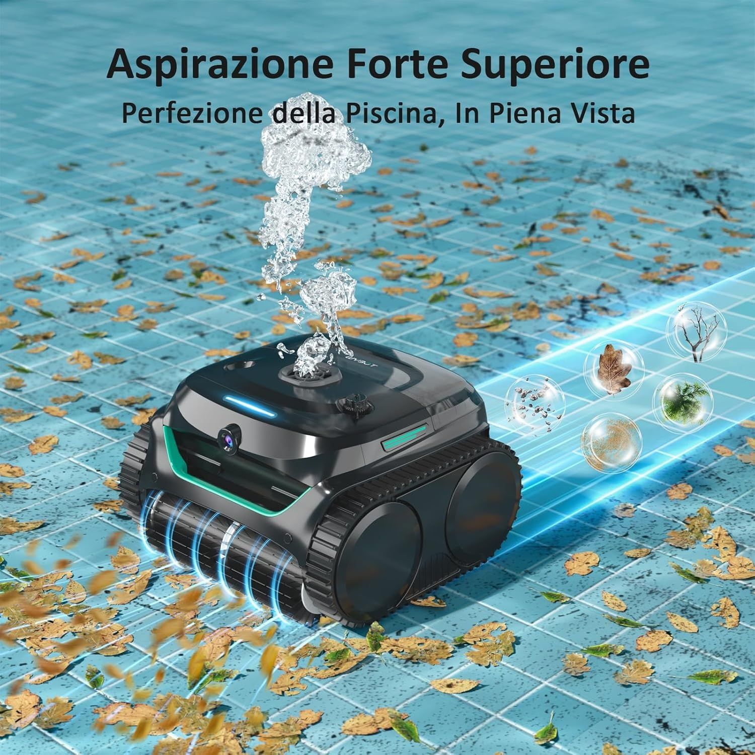 Un robot piscina aspira foglie e detriti dal fondo.