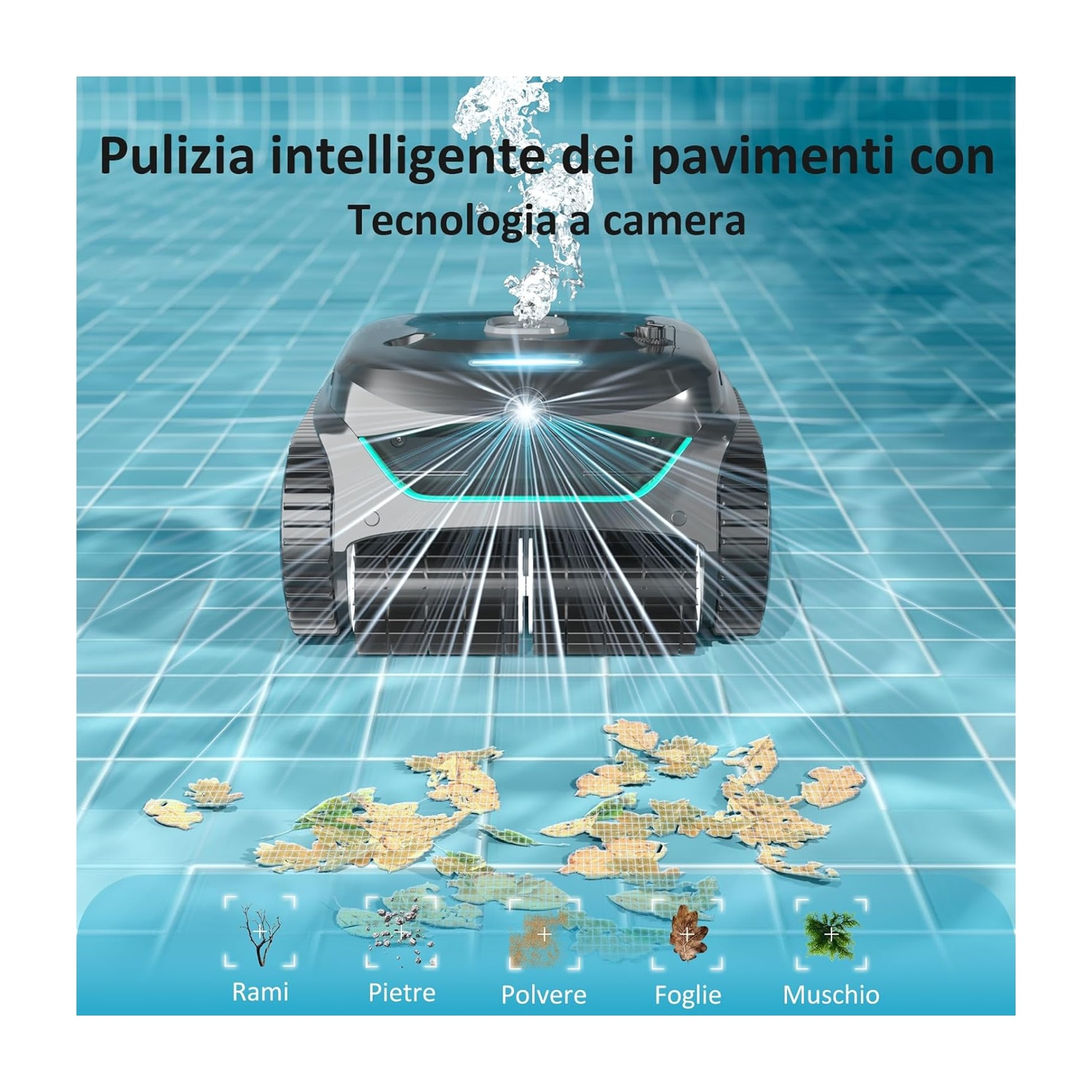 Un robot pulitore aspira detriti: rami, pietre, polvere, foglie e muschio.