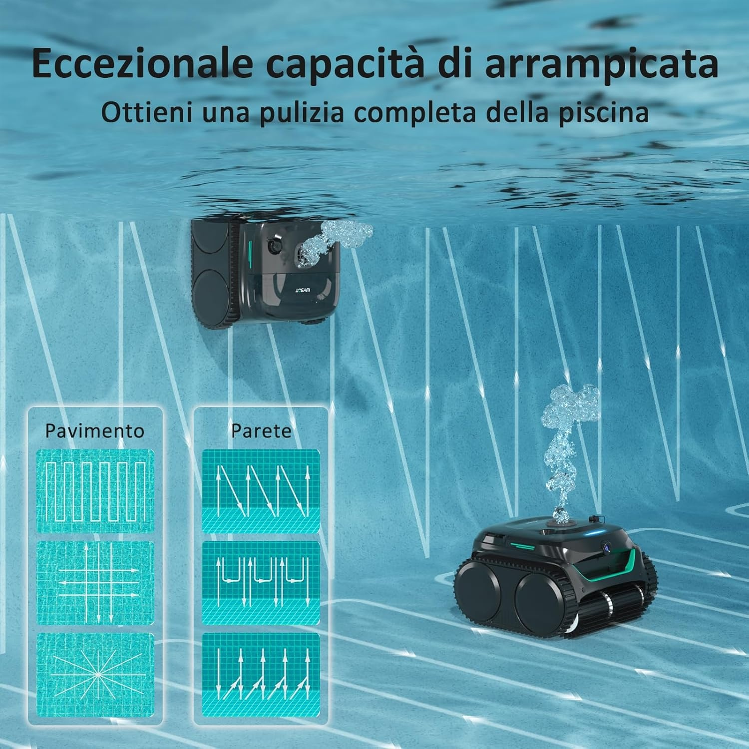 Un robot pulitore pulisce sott'acqua, con schemi di percorsi di pulizia.