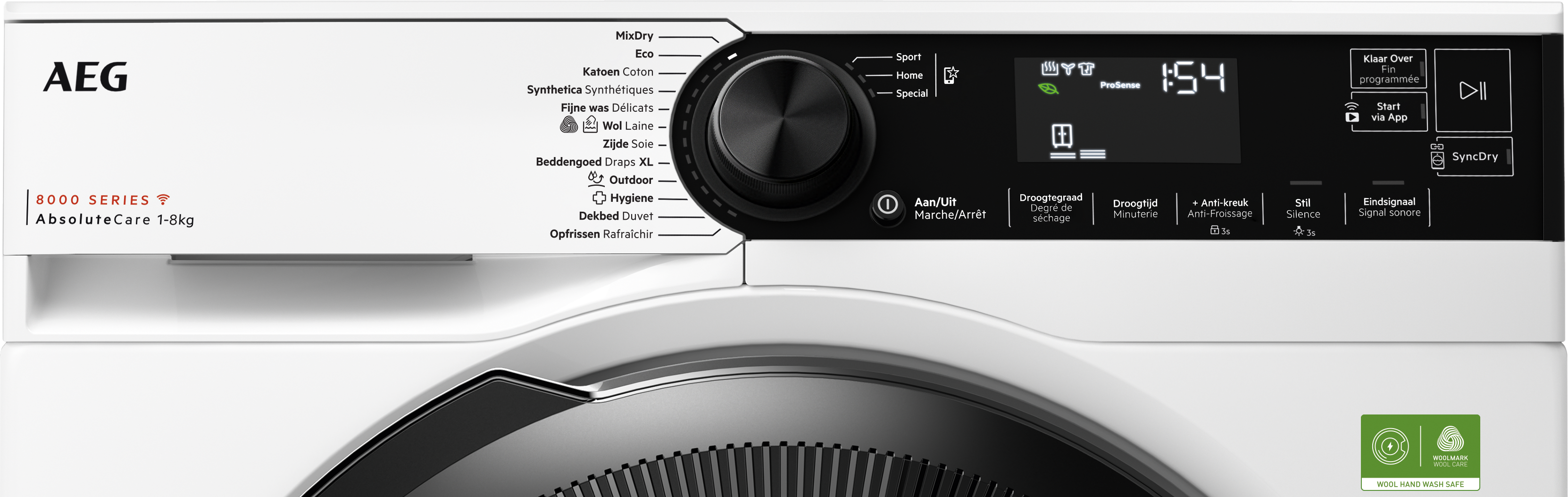 Panneau de commande de sèche-linge AEG avec cadran, écran et boutons.