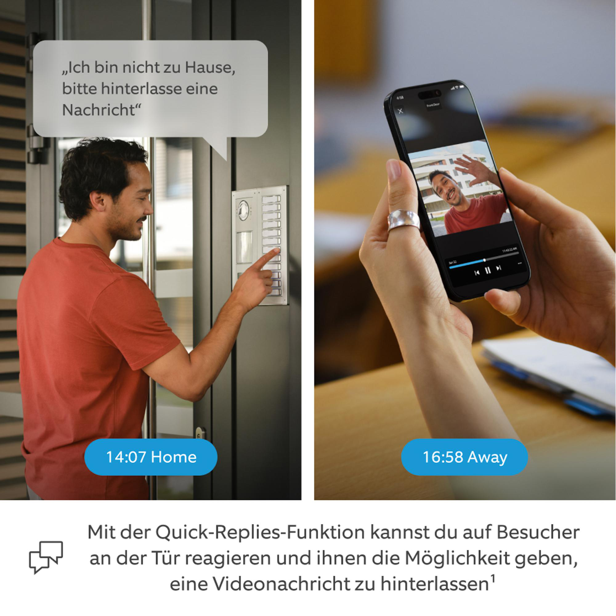 Mann drückt Klingel, Handy zeigt Besuchervideo. Beide sind 'Home' und 'Away'.