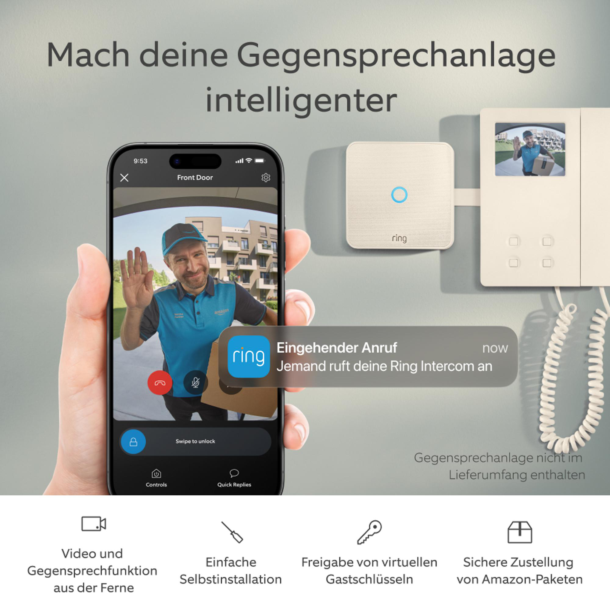 Ein Mann in Amazon-Uniform winkt, während er ein Paket hält. Ein Handy zeigt den Anruf.