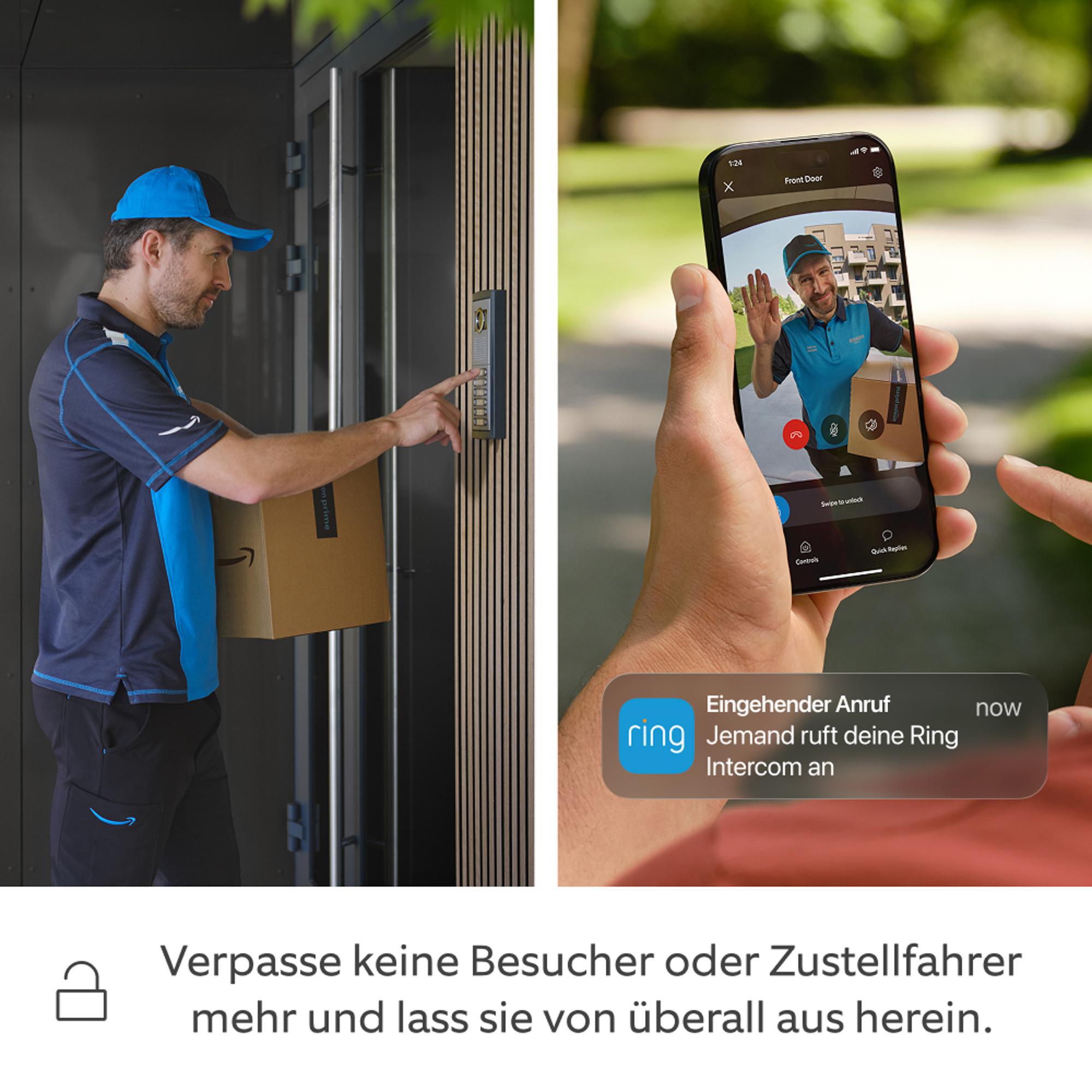 Lieferant drückt Klingel, Anruf auf Smartphone mit Ring-App.