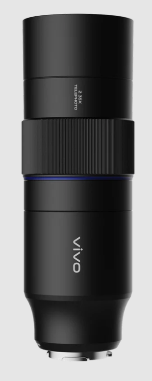 Schwarzes Teleobjektiv mit blauem Ring und Vivo-Logo.