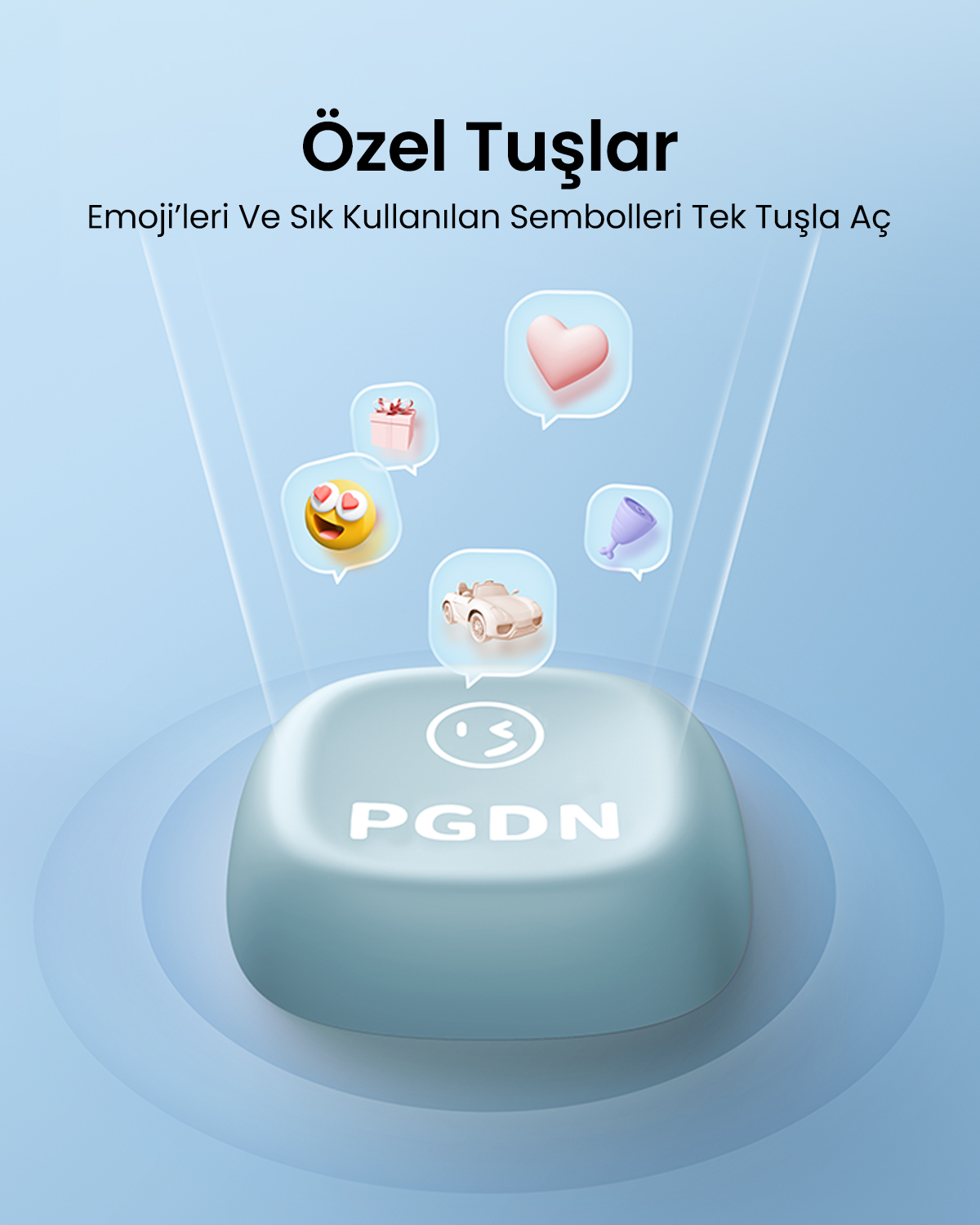 Üzerinde 'PGDN' yazan büyük mavi düğme ve sembol. Üzerinde ifadeler ve simgeler süzülüyor.