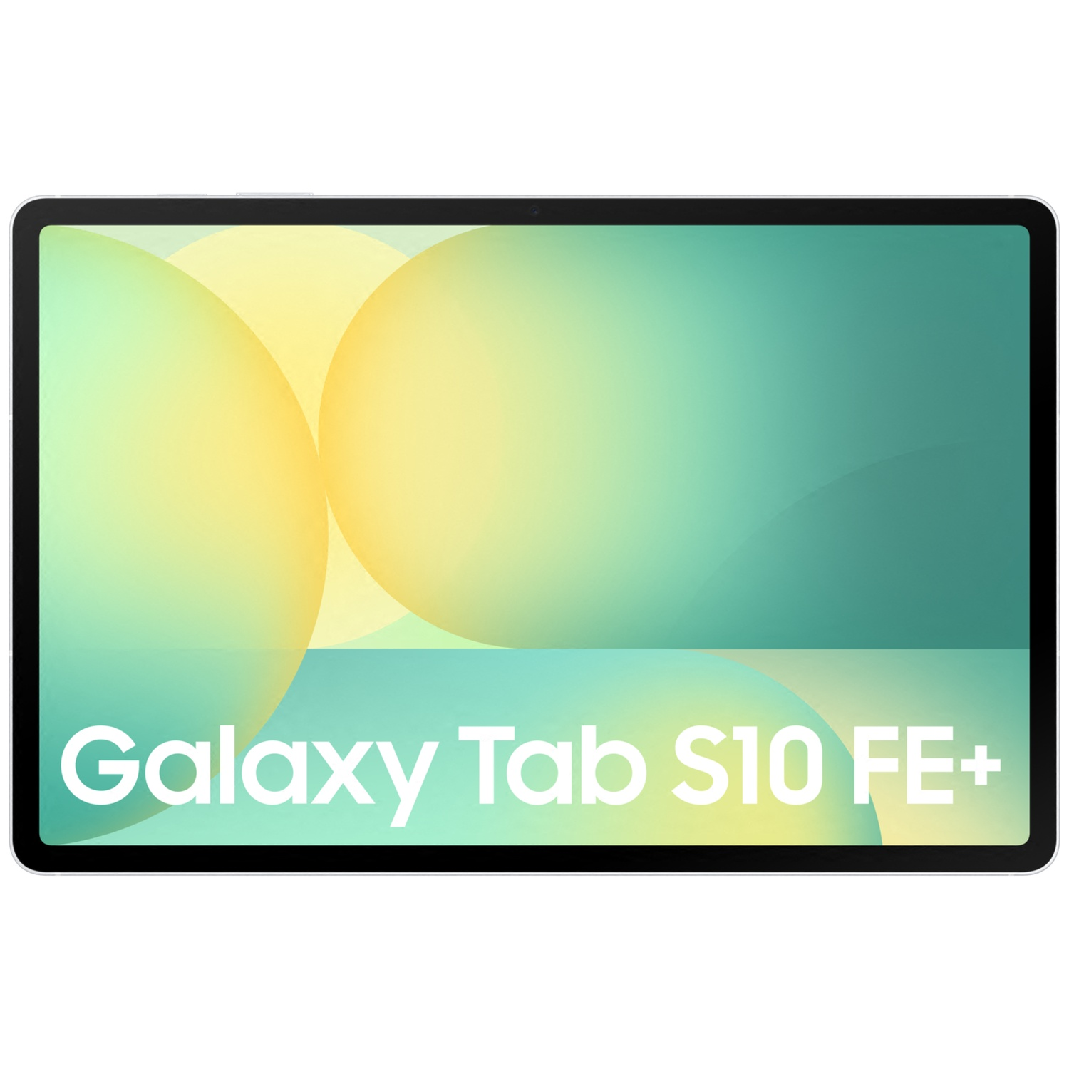 Une tablette argentée affichant 'Galaxy Tab S10 FE+' sur l'écran abstrait.
