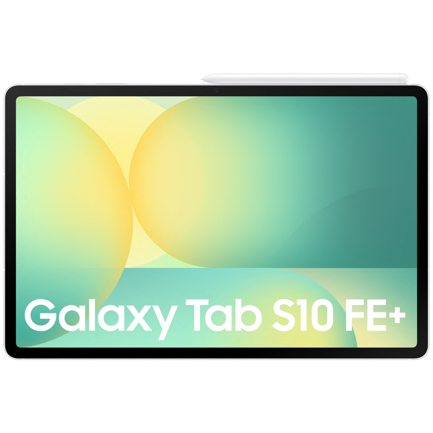 Une tablette avec un stylet, cercles jaunes et verts en arrière-plan. Texte : Galaxy Tab S10 FE+