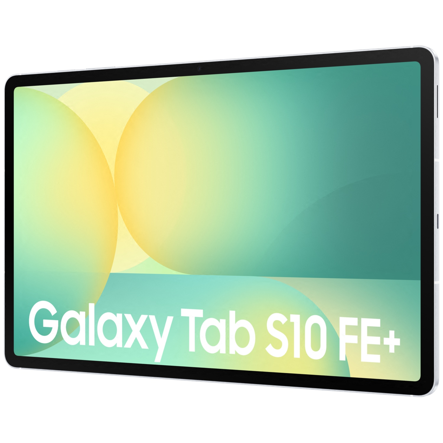 Une tablette Samsung Galaxy Tab S10 FE+ avec un cadre et un fond argentés.
