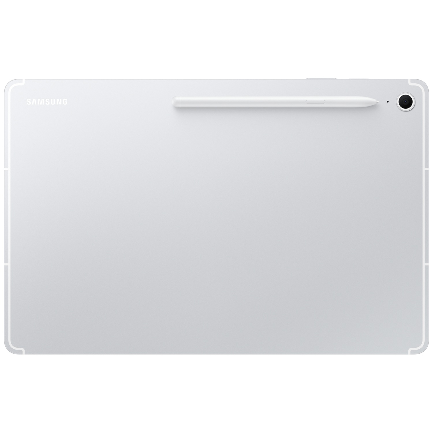 Une tablette Samsung argentée avec un stylet posé dessus.