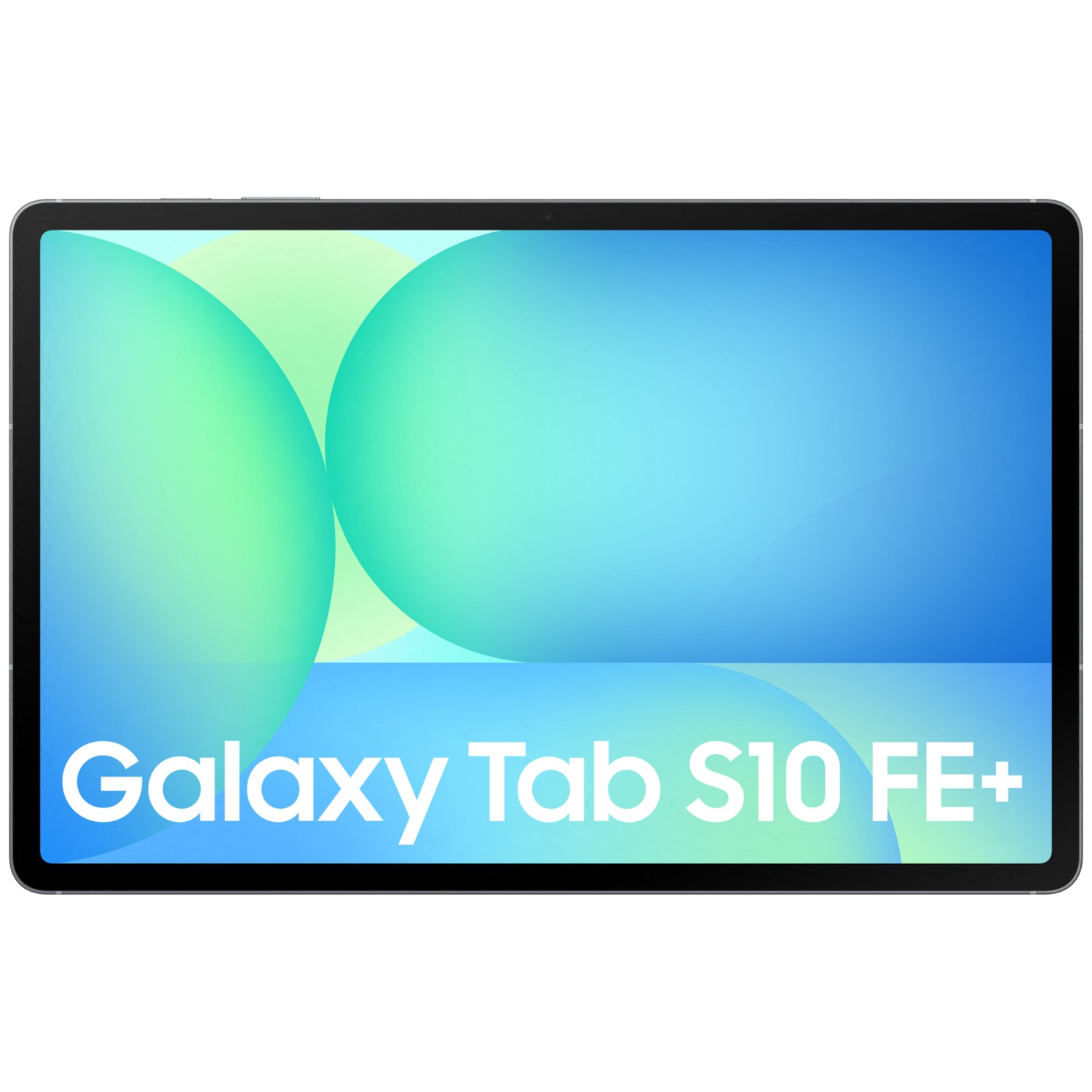 A Samsung Galaxy Tab S10 FE+ tablet with a blue-green background.