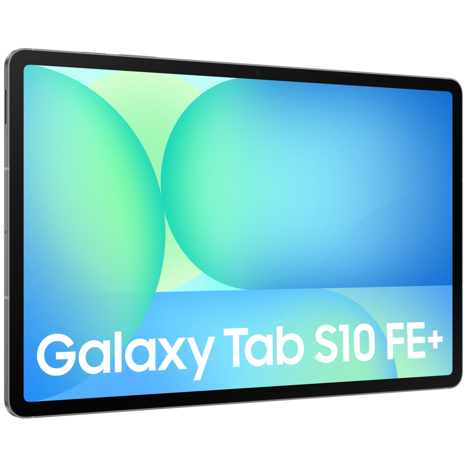 Gray tablet displaying "Galaxy Tab S10 FE+" on a blue-green gradient background.