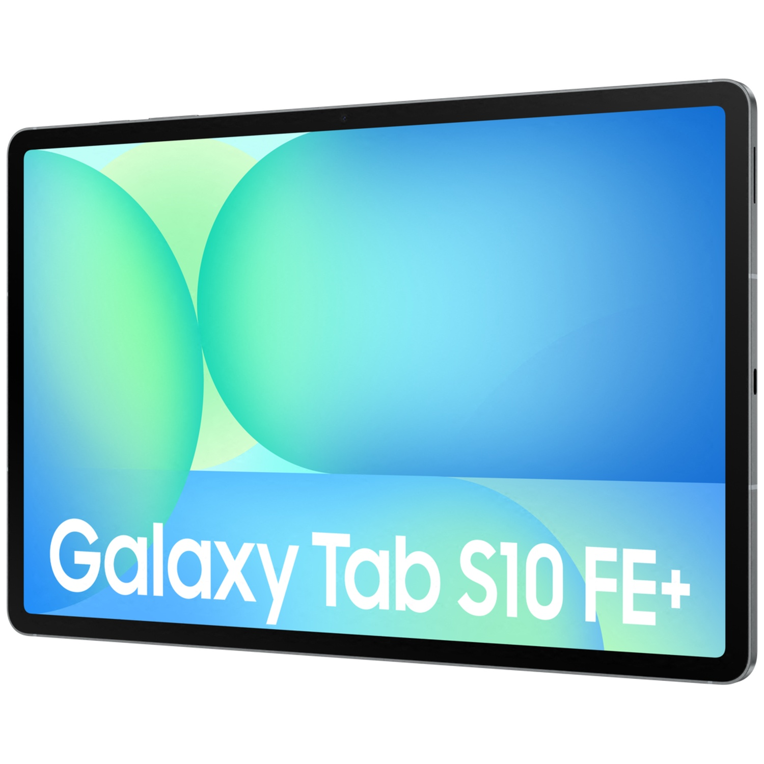 A Samsung Galaxy Tab S10 FE+ tablet on a blue-green background.