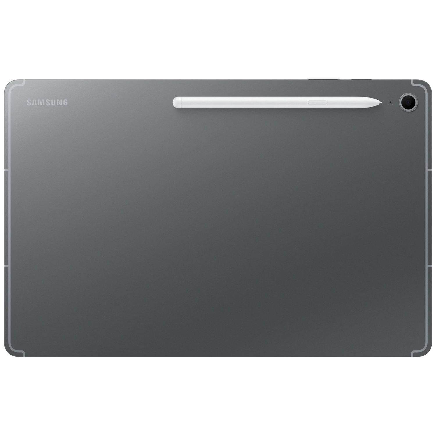 Back of a gray tablet with Samsung logo and a white stylus pen.