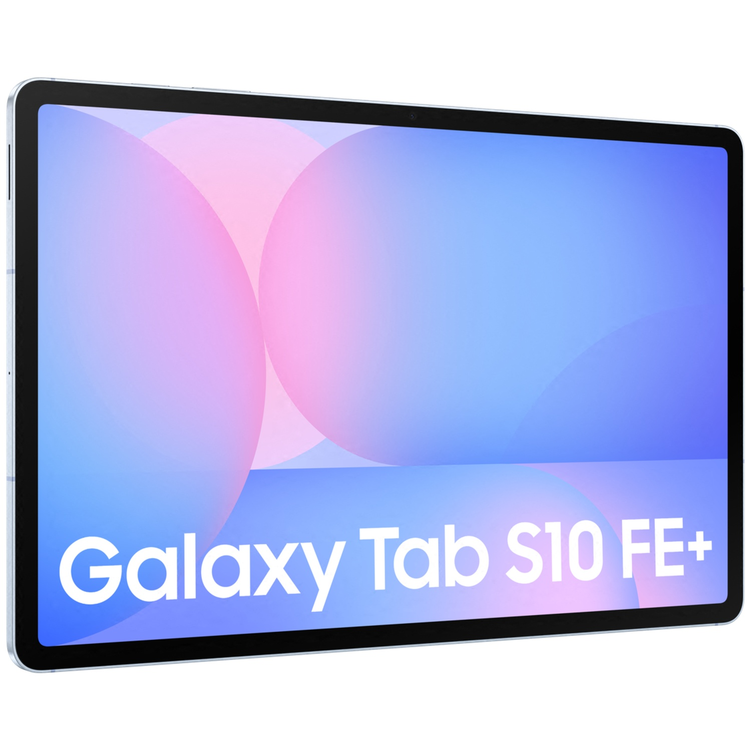 A light blue tablet displaying the text Galaxy Tab S10 FE+ on its screen.