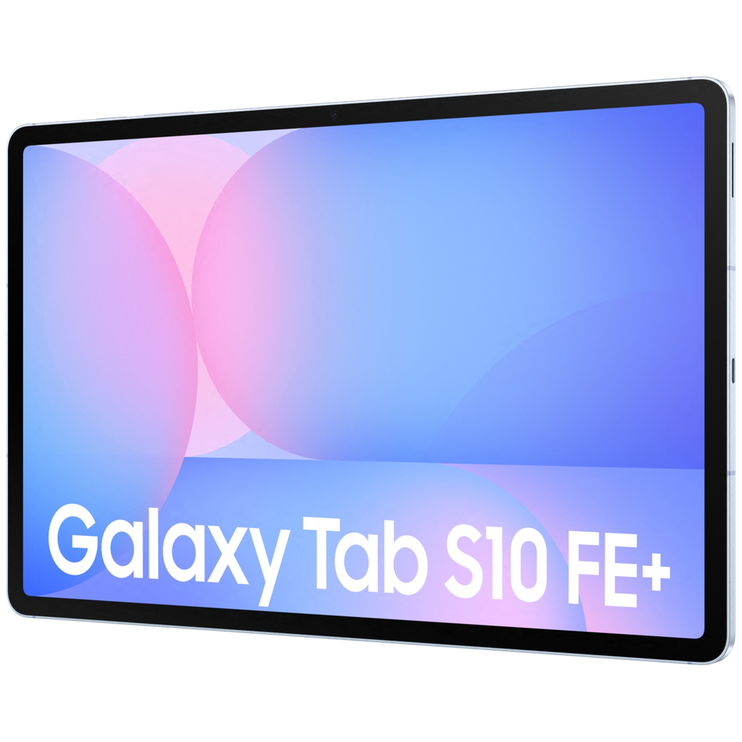 A light blue tablet displaying "Galaxy Tab S10 FE+" text on its screen.
