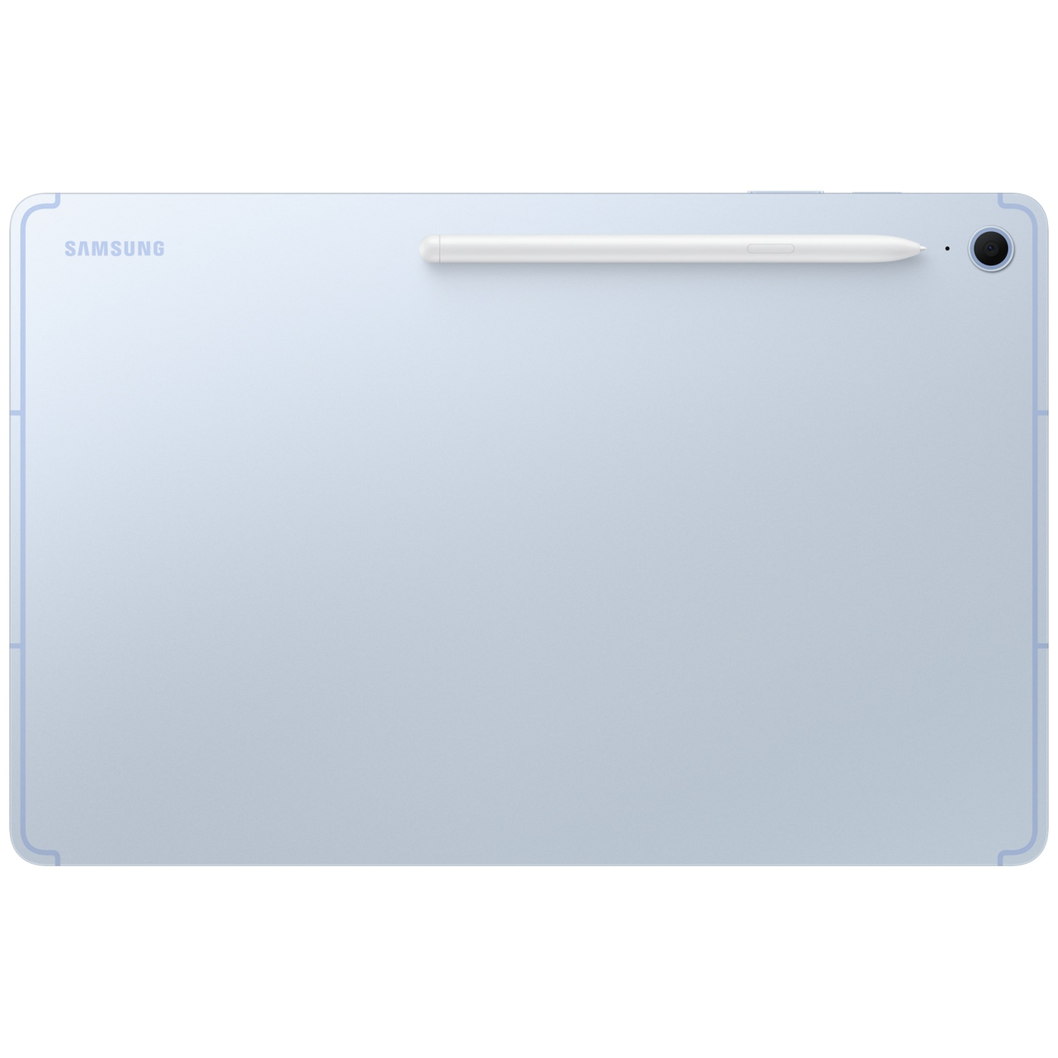 A light blue Samsung tablet with a white stylus magnetically attached to its side.