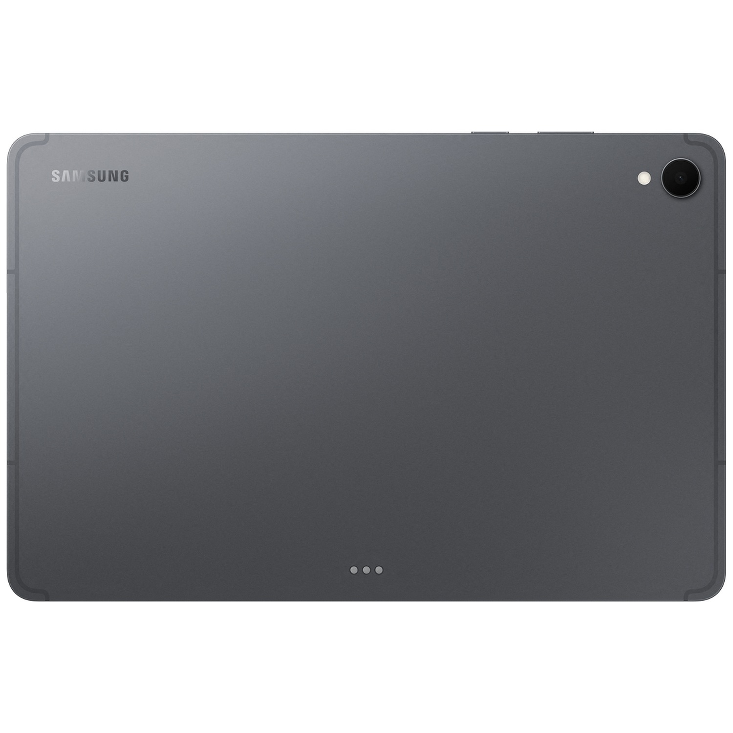 Tablette Samsung gris foncé avec appareil photo et contacts de charge au dos.