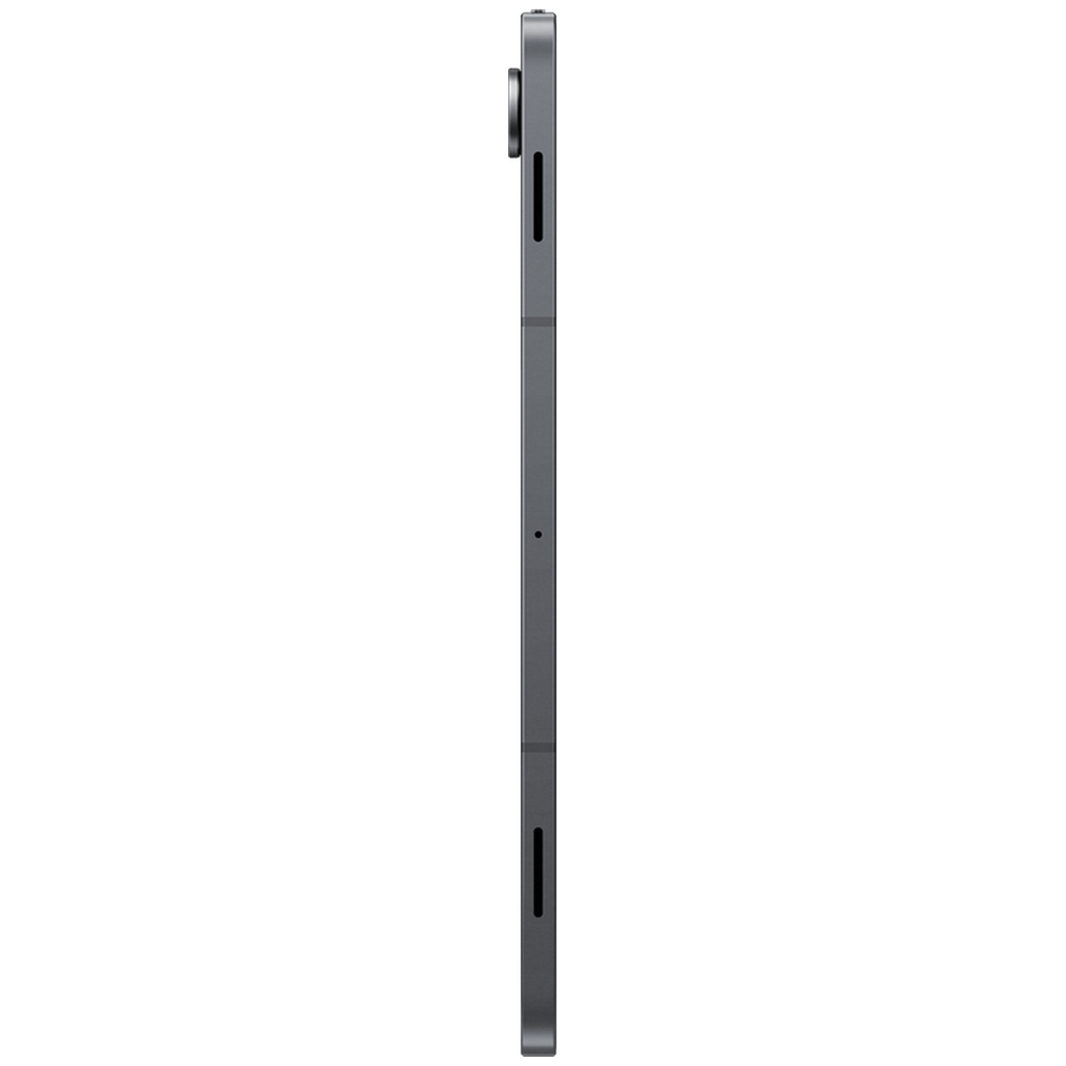 Tablette gris foncé de profil sur fond blanc avec module caméra.