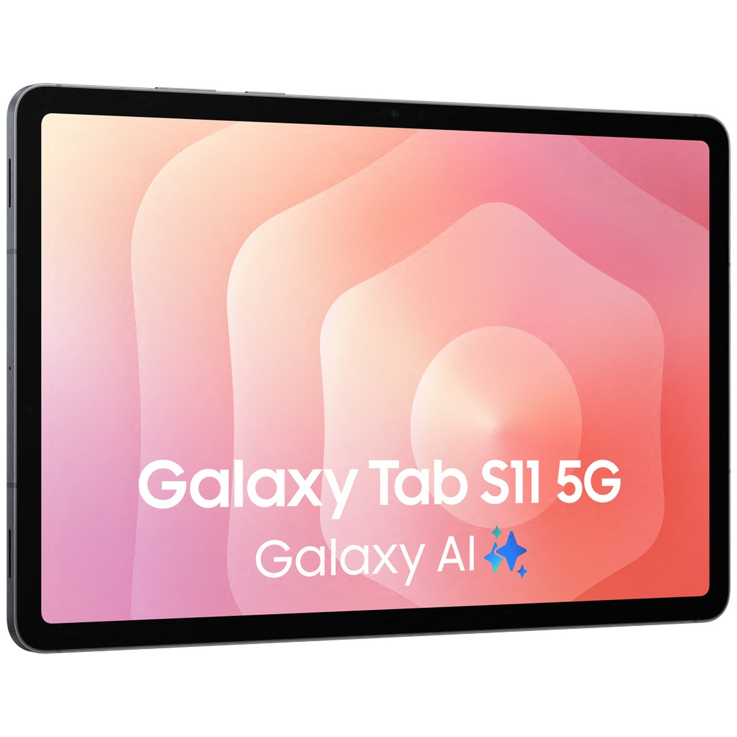 Une tablette grise affiche 'Galaxy Tab S11 5G Galaxy AI' sur fond rose-orange.