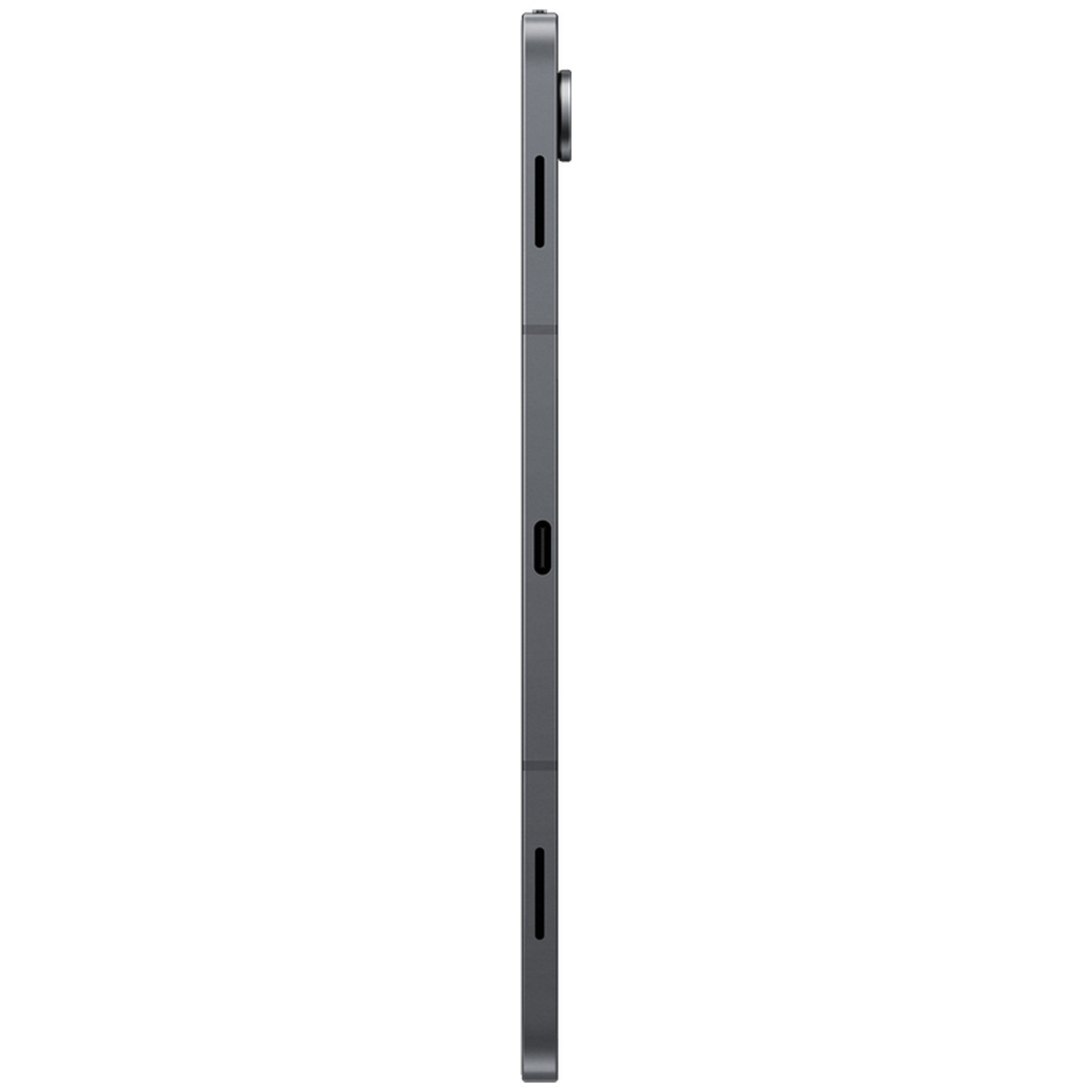 Tablette grise de profil montrant appareil photo et port de charge.