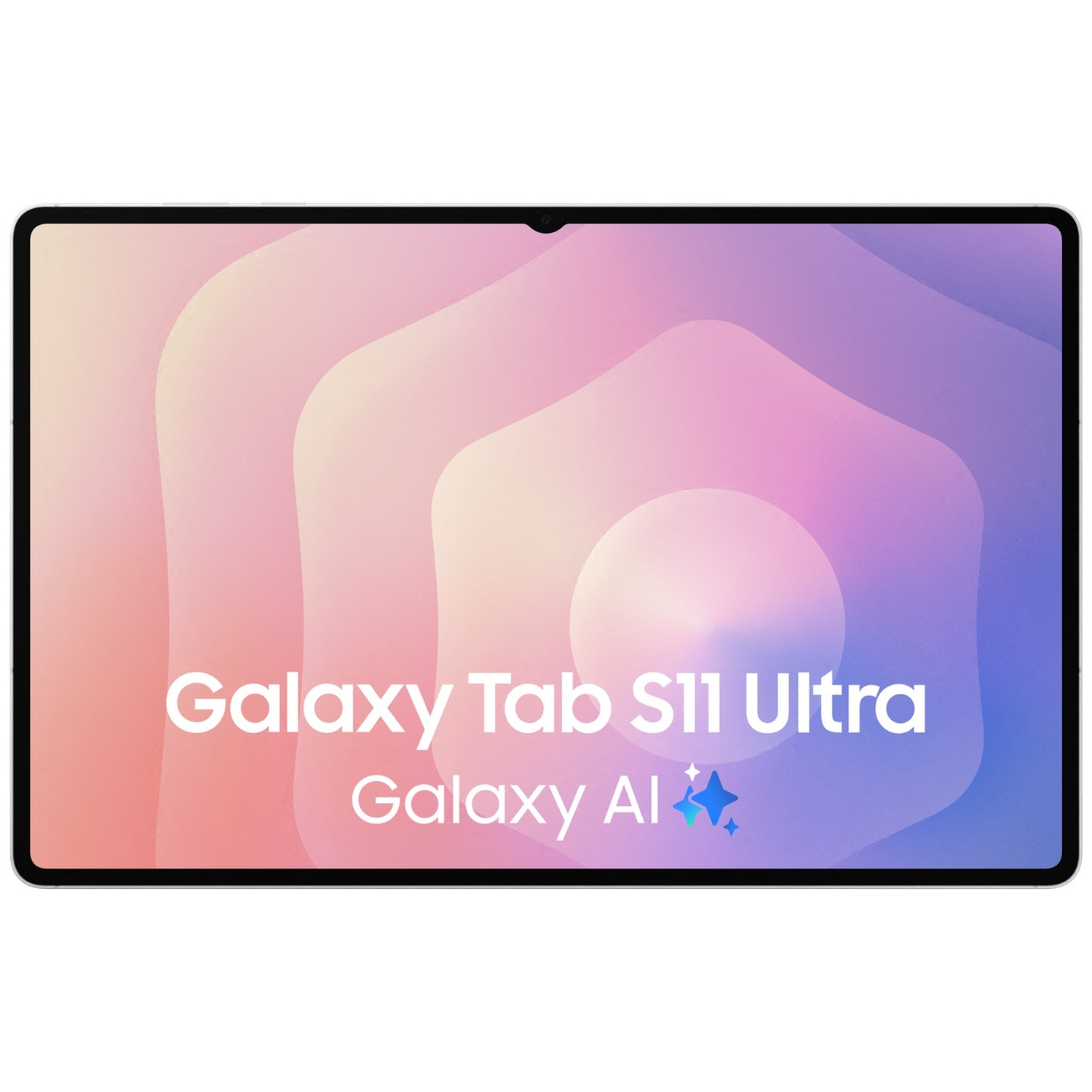 Une tablette affiche "Galaxy Tab S11 Ultra Galaxy AI" sur fond coloré.