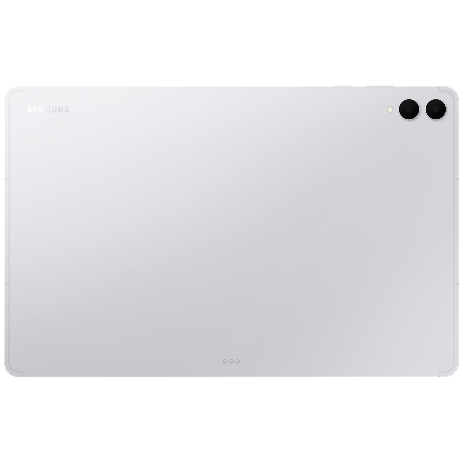 Arrière d'une tablette Samsung blanche avec deux objectifs et un flash.