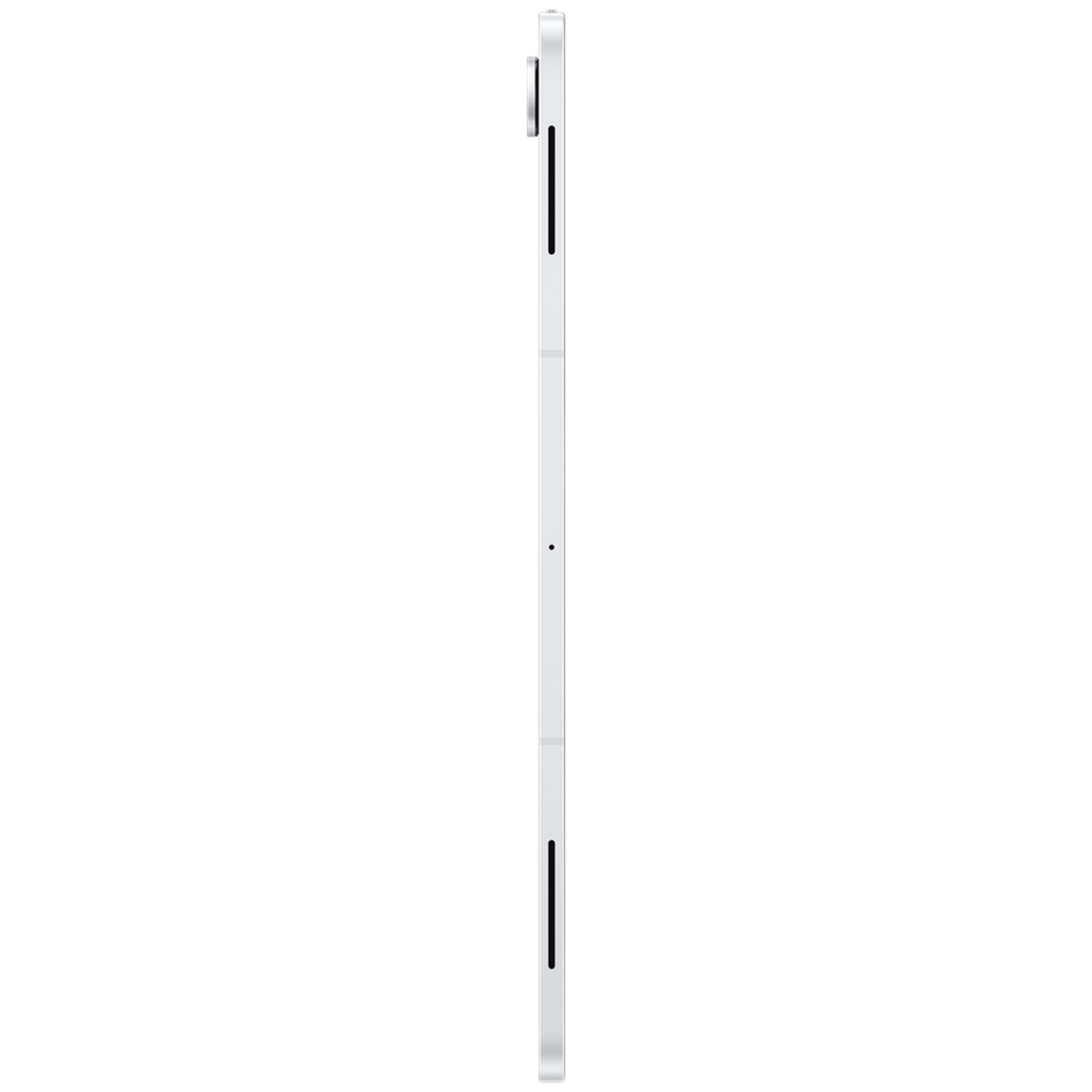 Vue latérale d'une tablette argentée et fine sur fond blanc.