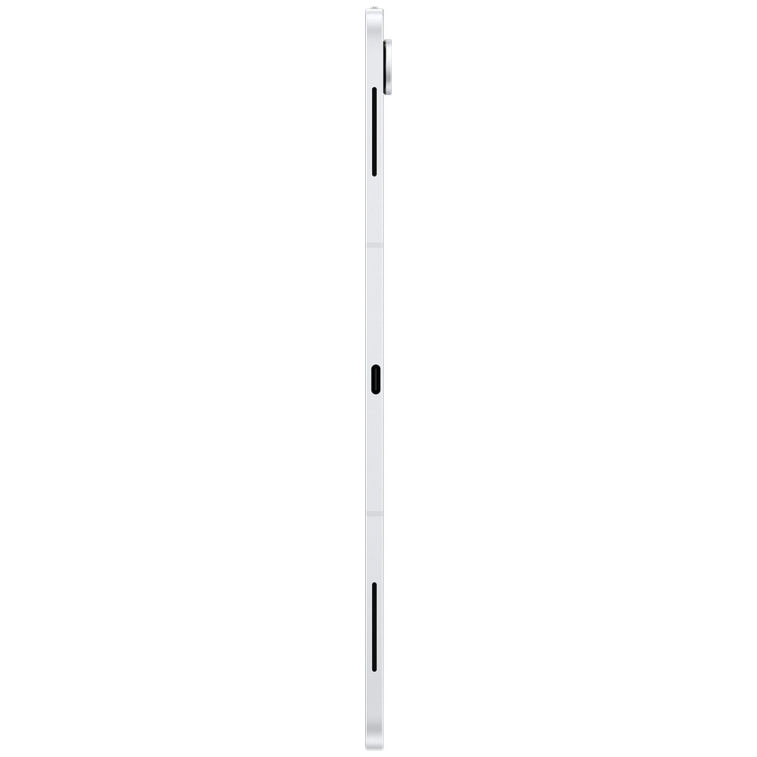 Tablette argentée vue de côté, dos blanc. Appareil fin.